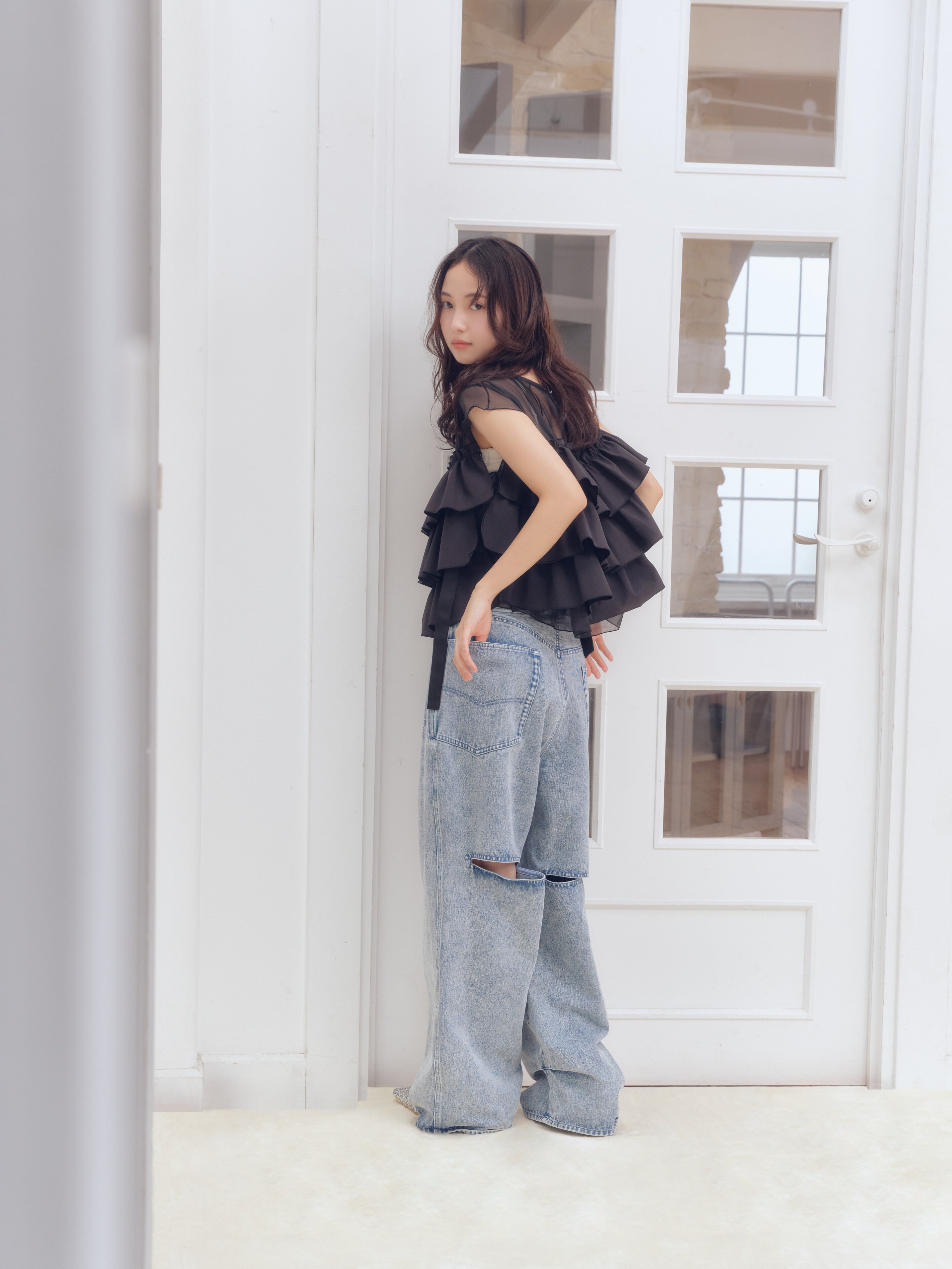 back slit curve denim pants