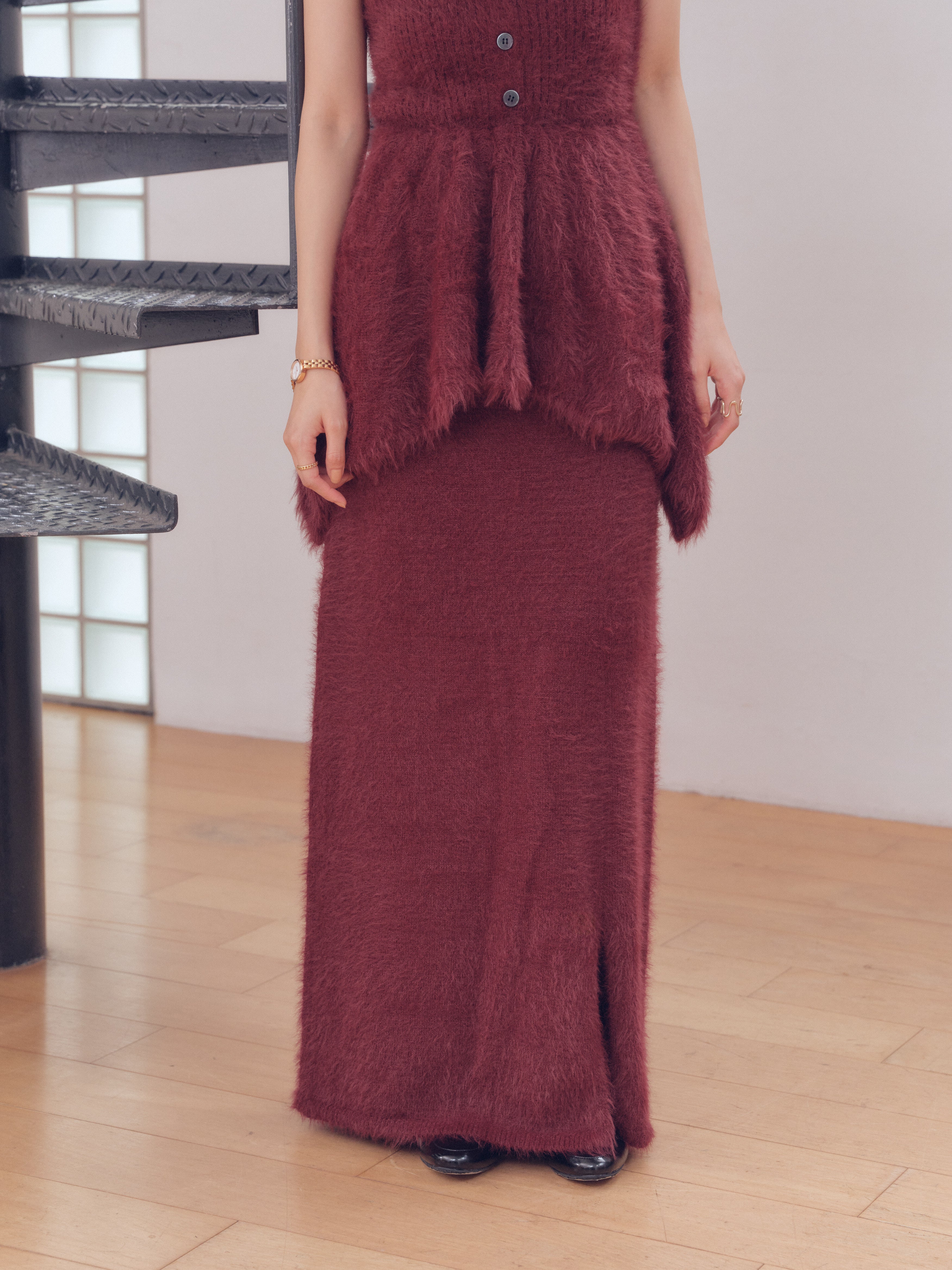 i line shaggy knit skirt