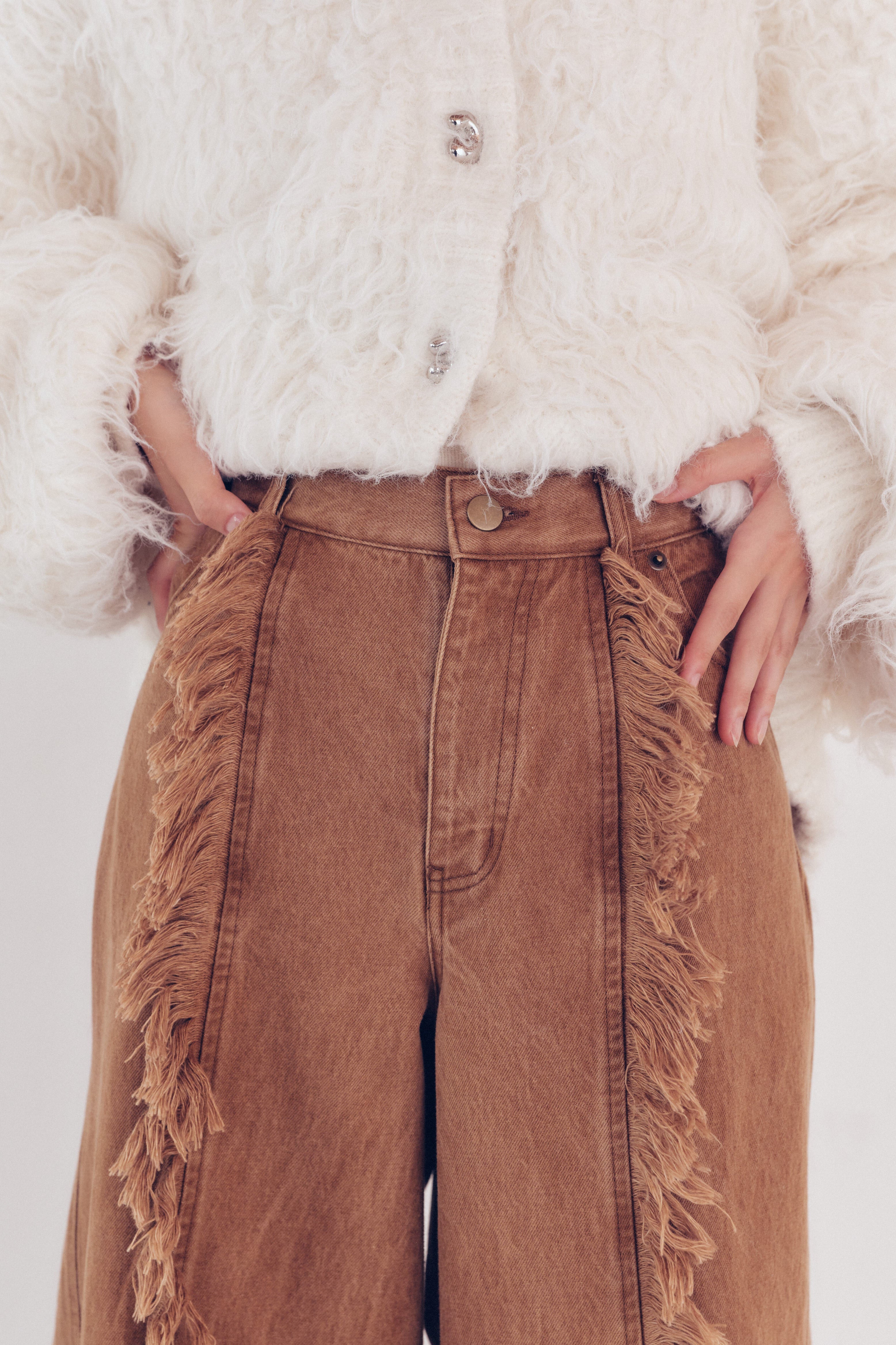 wide fringe denim pants
