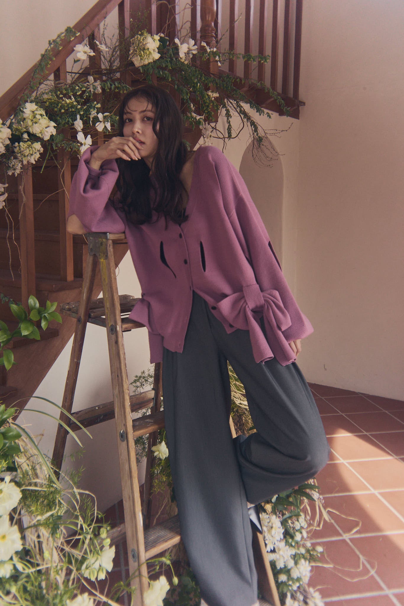 hole ribbon spring cardigan