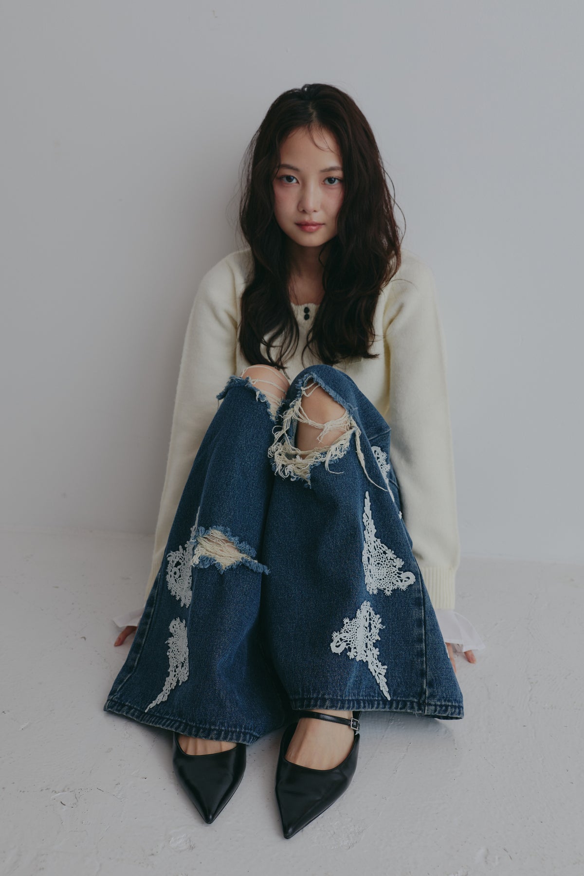 lace damaged denim