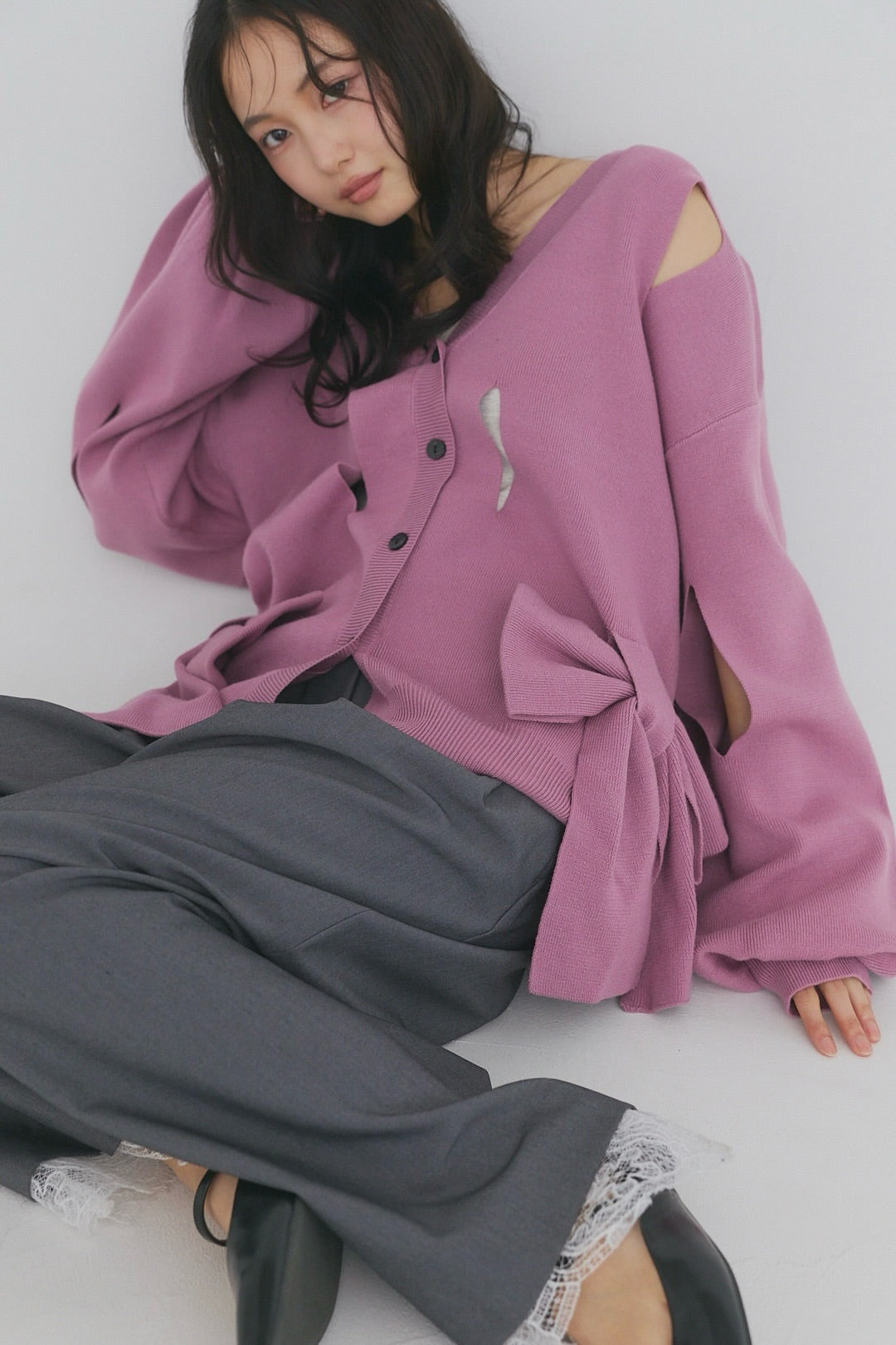 hole ribbon spring cardigan