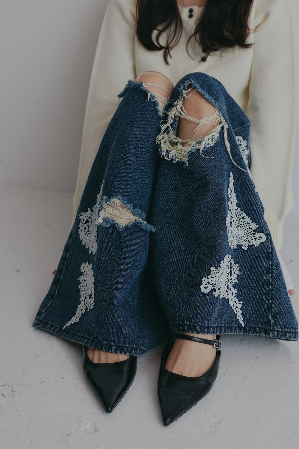 lace damaged denim