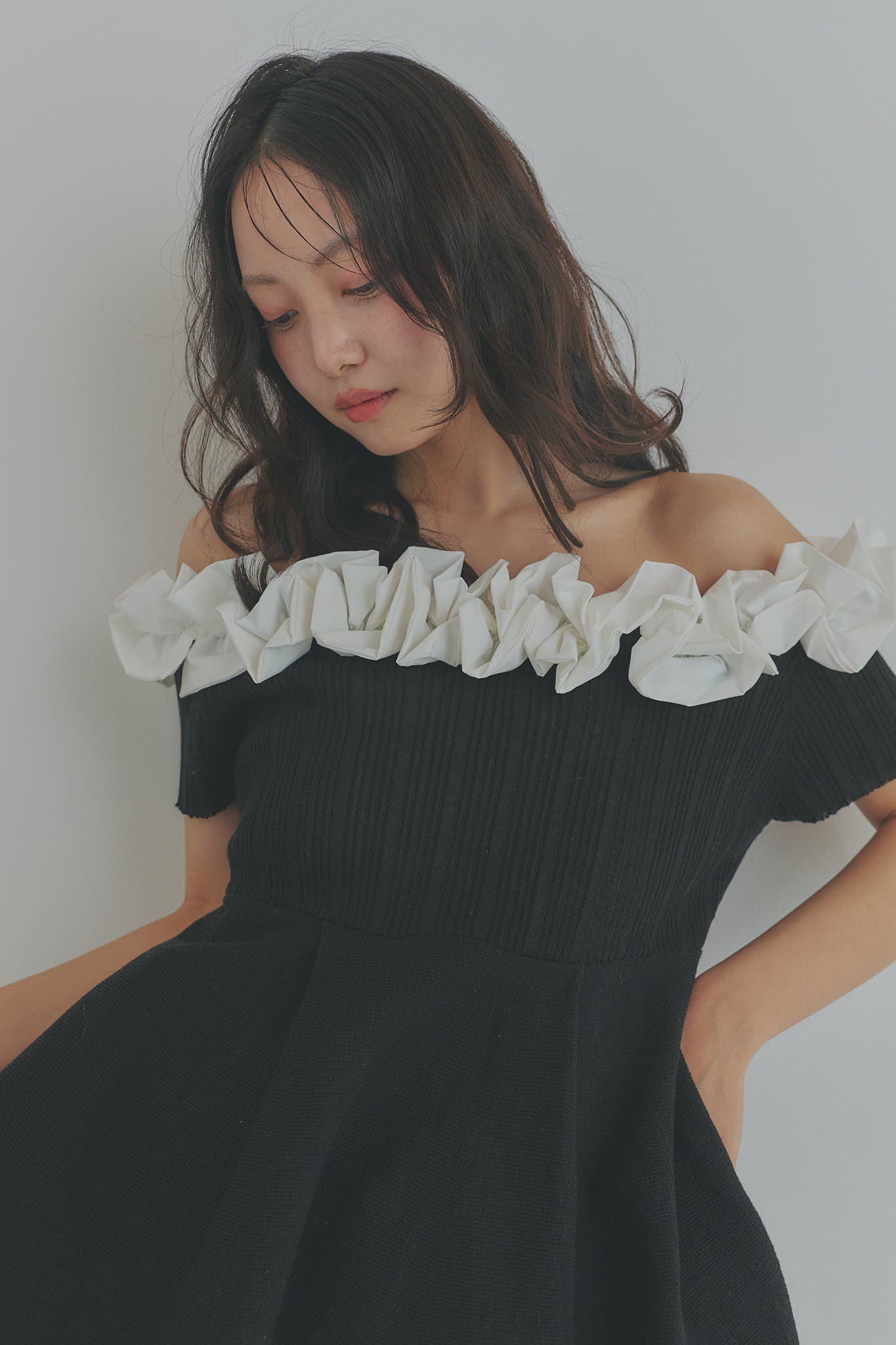 off shoulder frill knit
