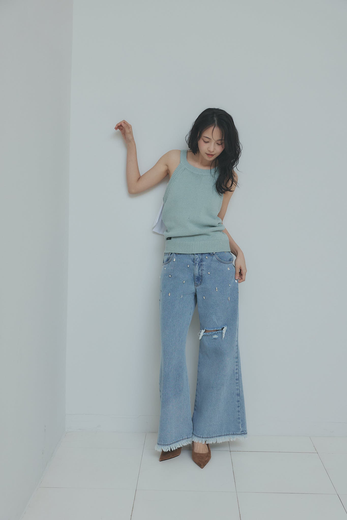 ribbon halter neck knit tops