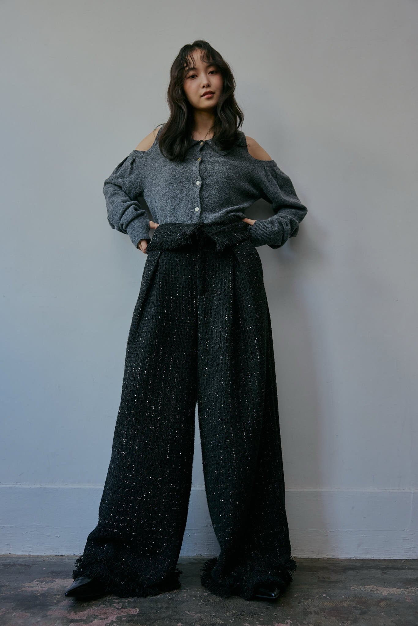 glitter tweed fringe pants