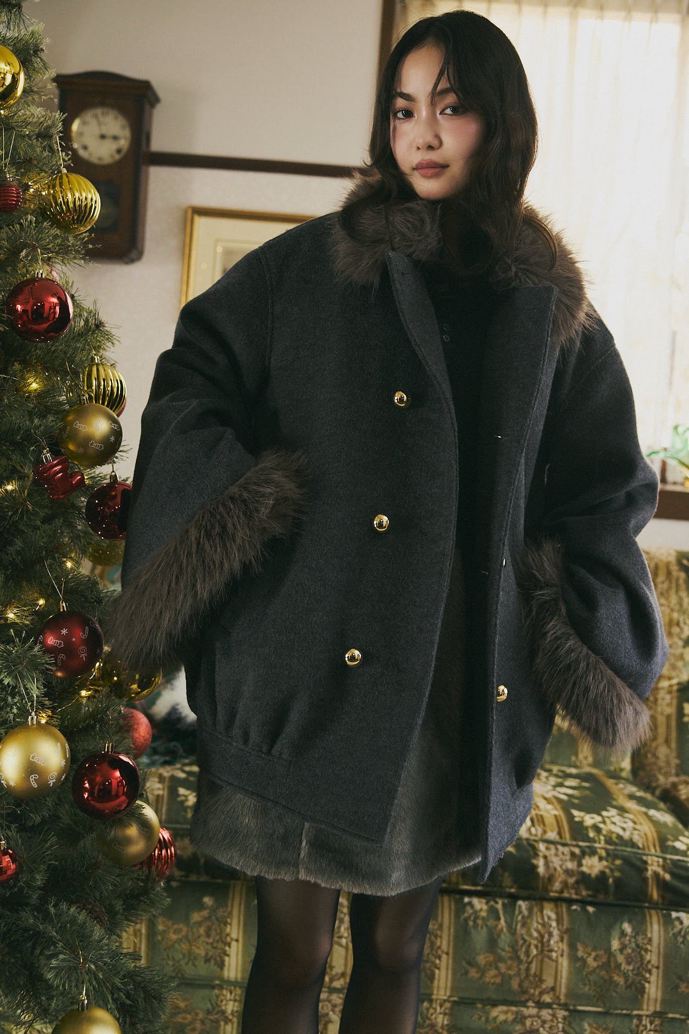 collar fur cocoon coat
