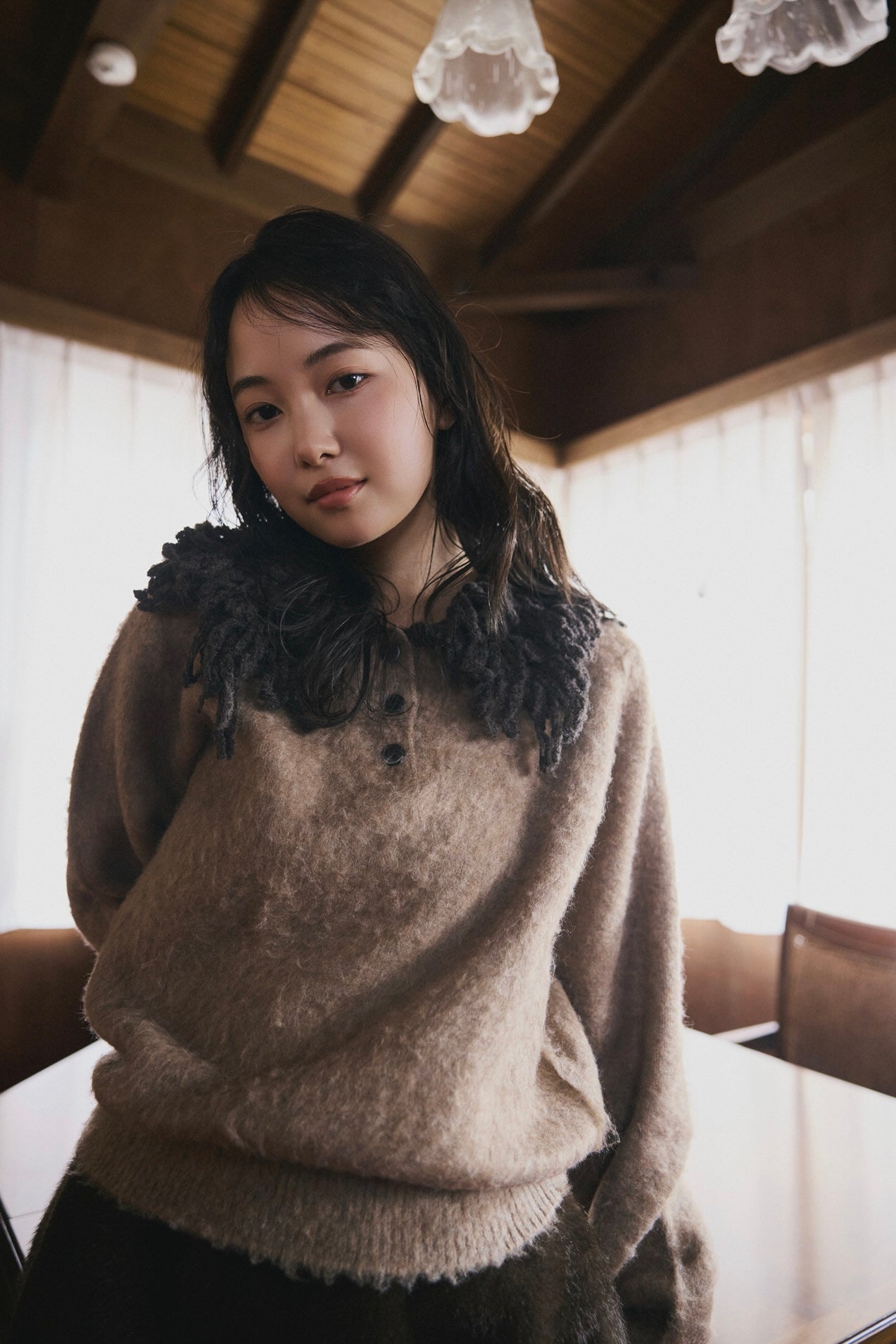 fringe collar sleeve knit