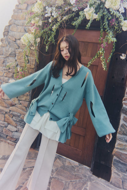hole ribbon spring cardigan