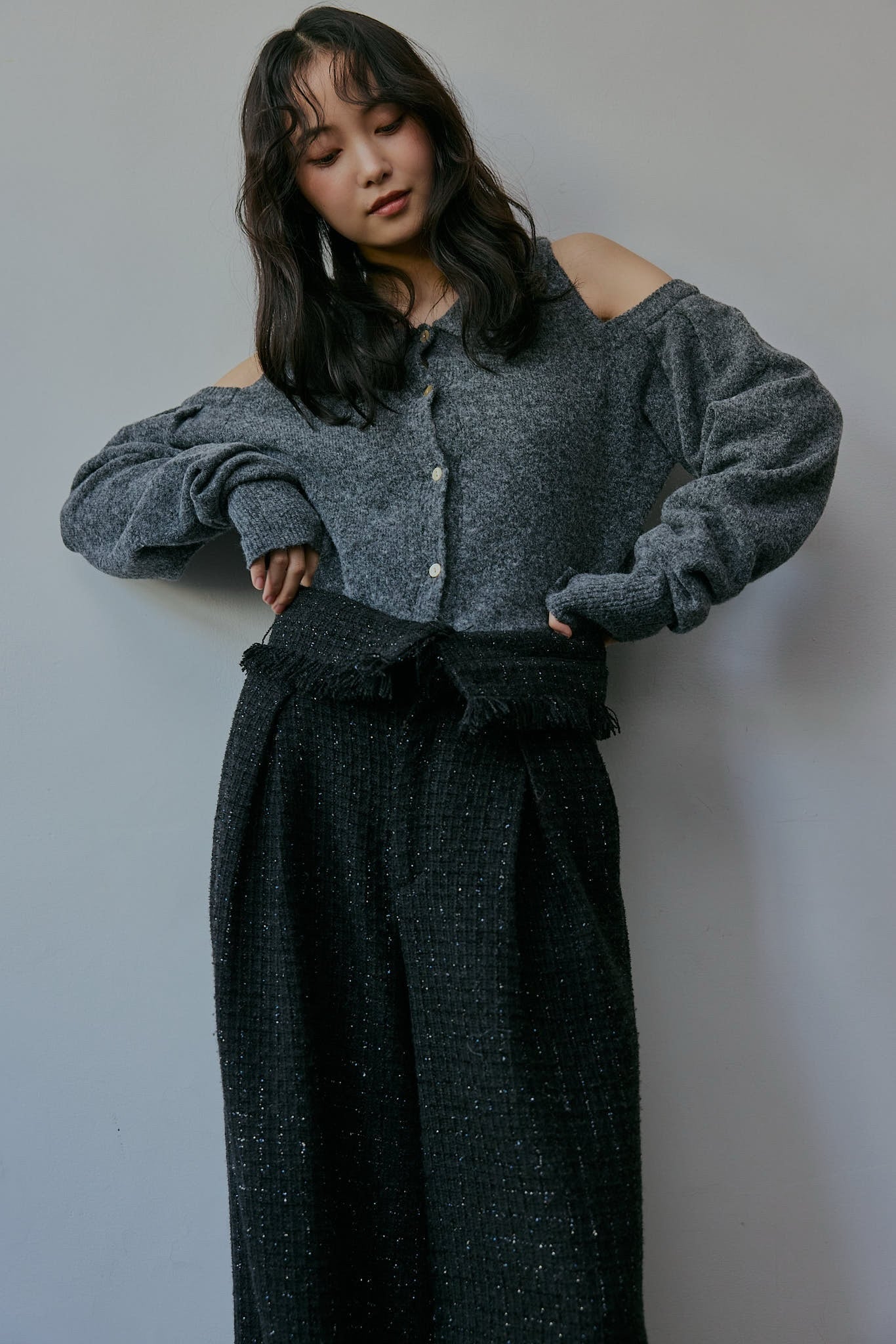 glitter tweed fringe pants