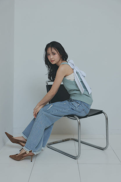 ribbon halter neck knit tops