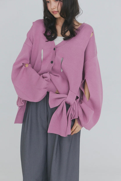 hole ribbon spring cardigan