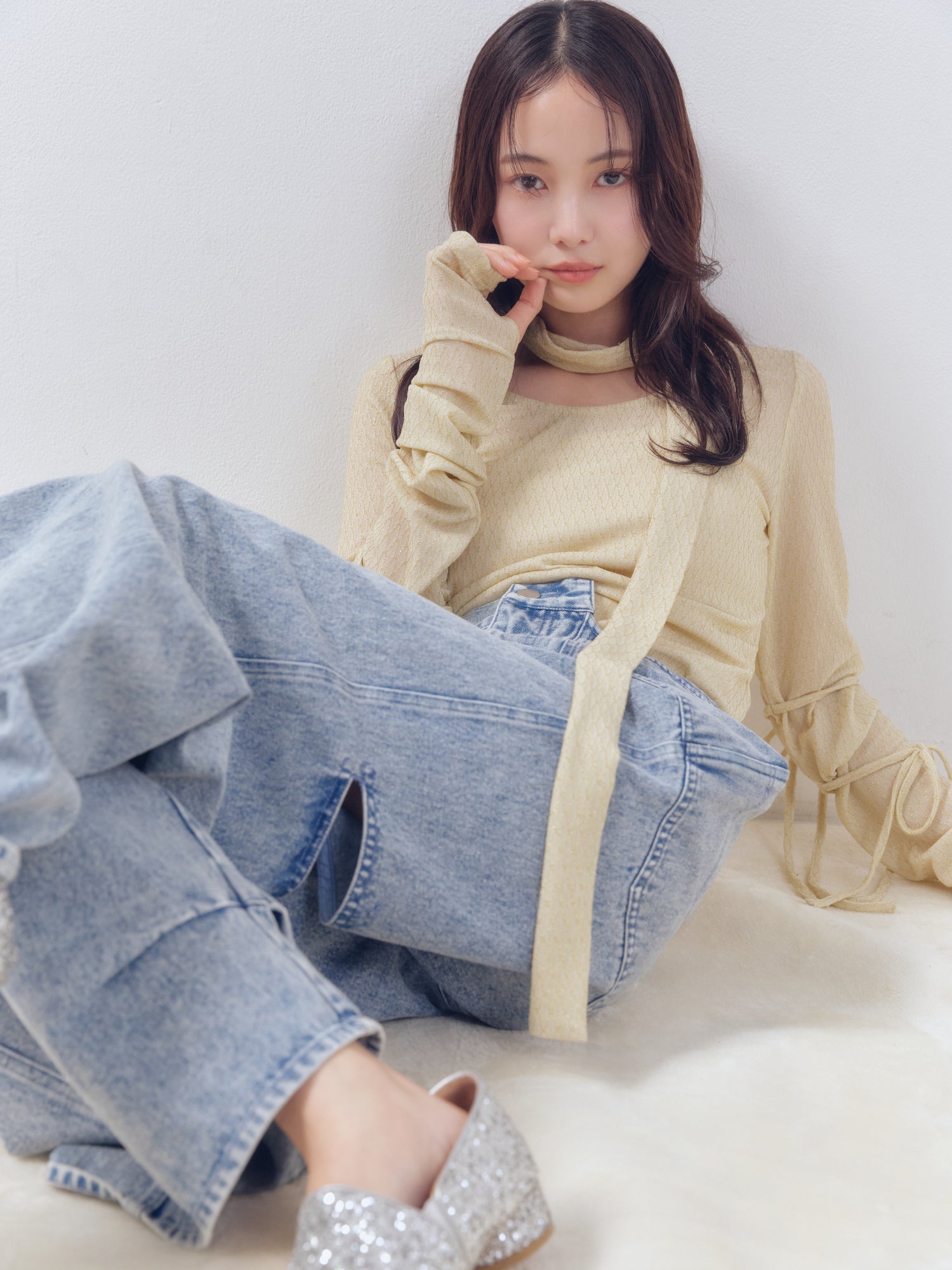 back slit curve denim pants