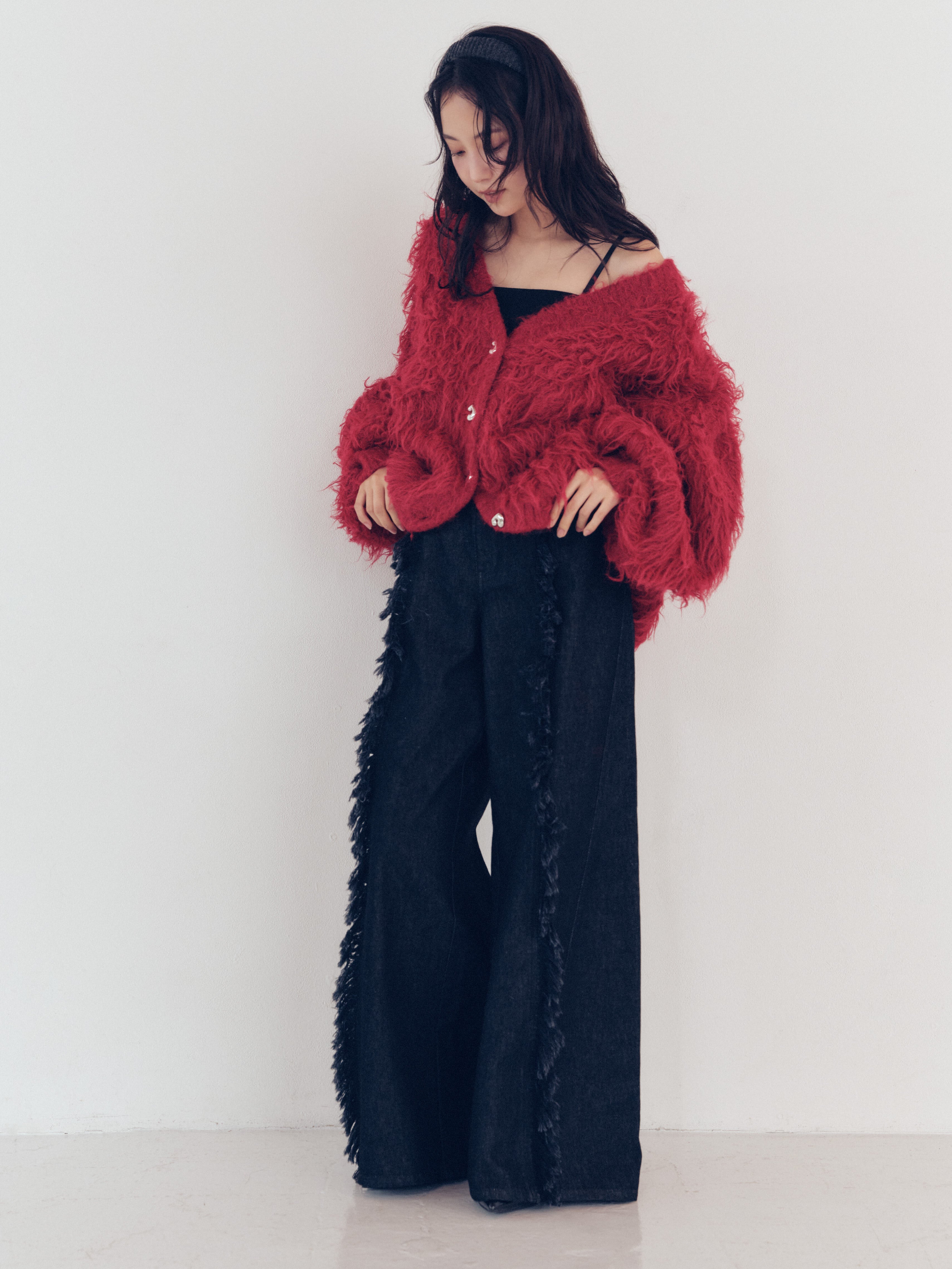 wide fringe denim pants