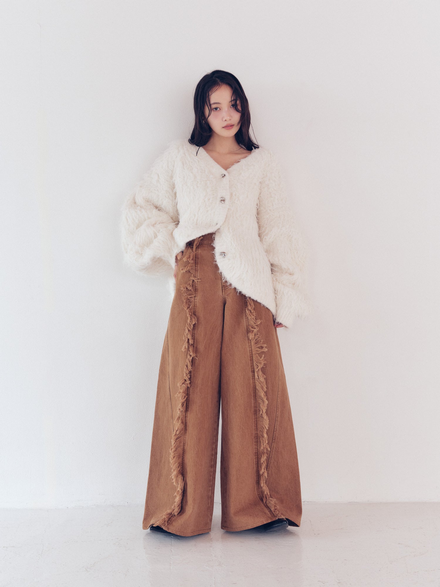 wide fringe denim pants