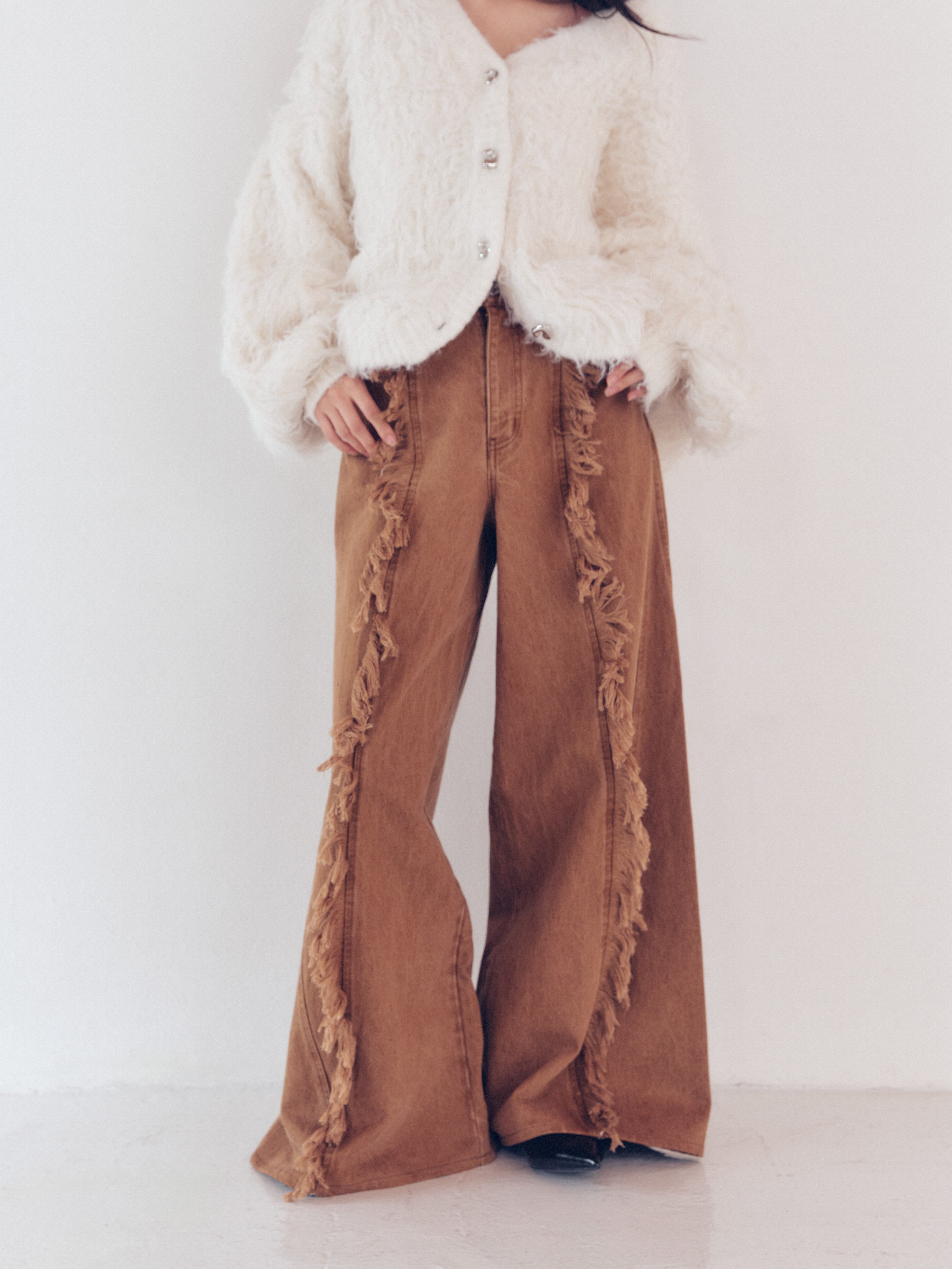 wide fringe denim pants