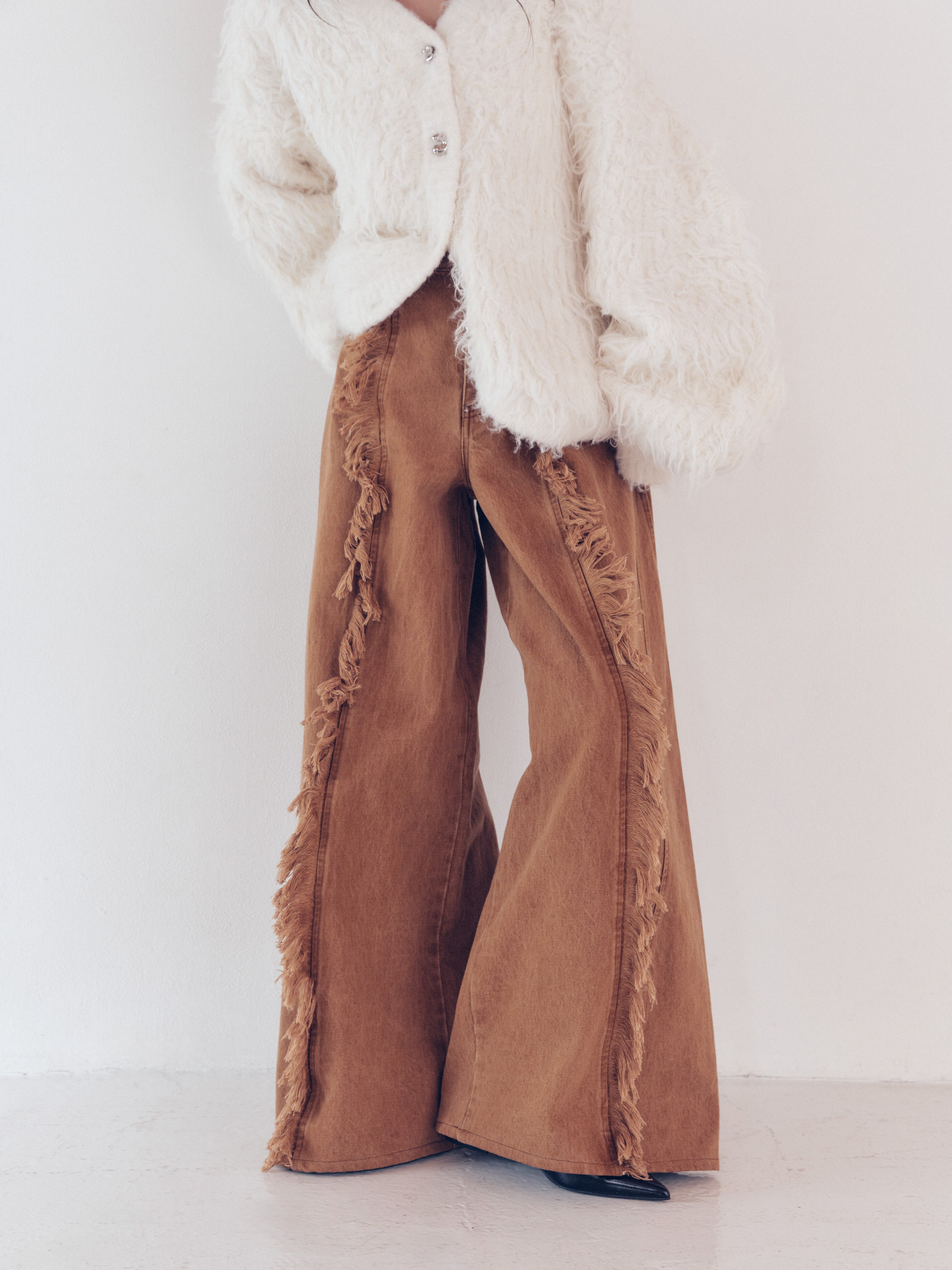 wide fringe denim pants