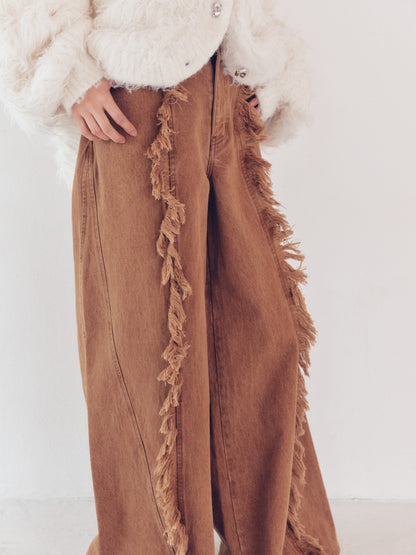 wide fringe denim pants