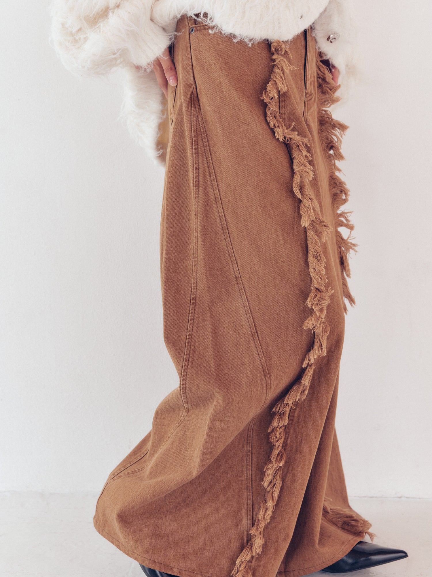 wide fringe denim pants