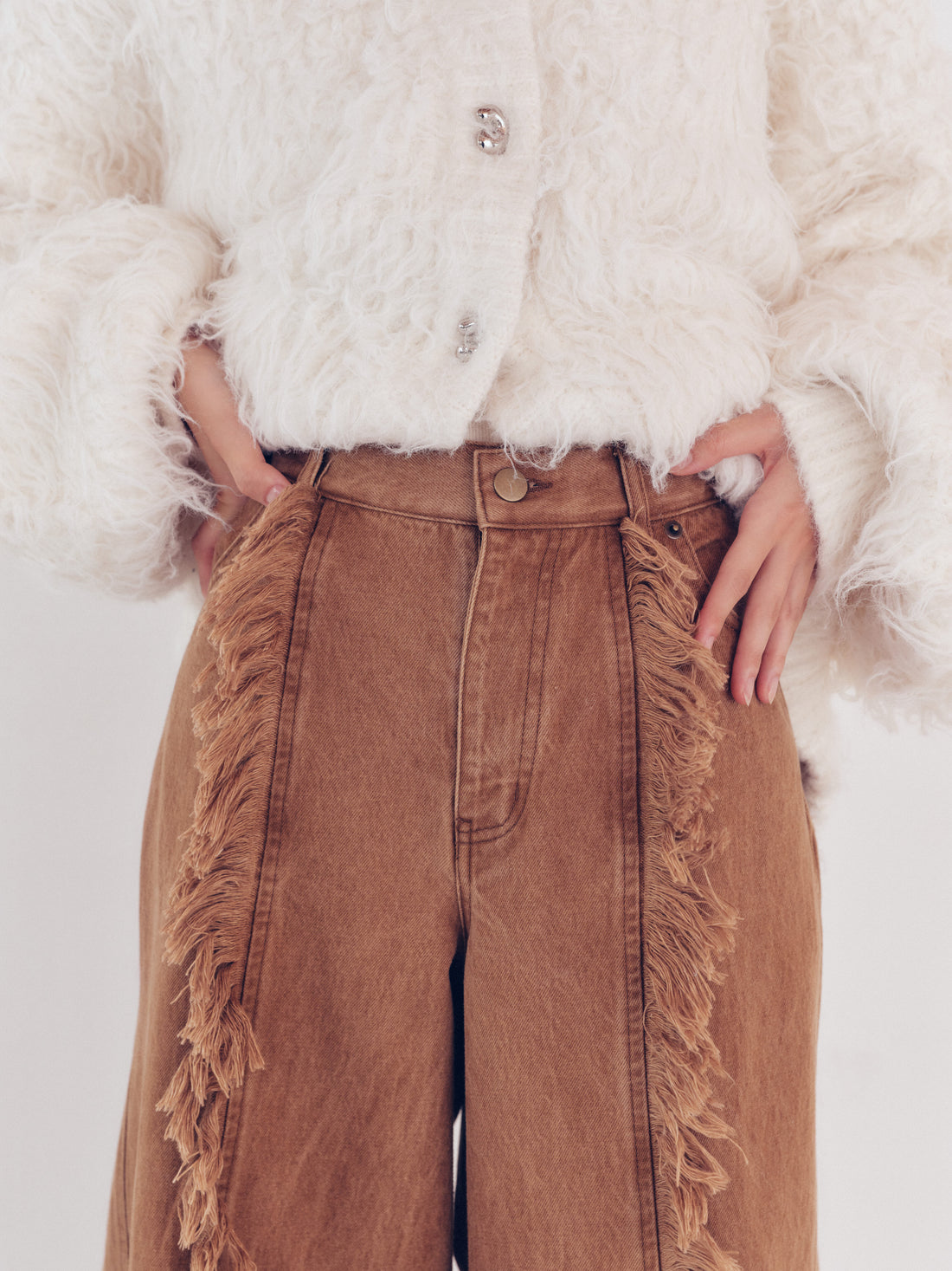 wide fringe denim pants