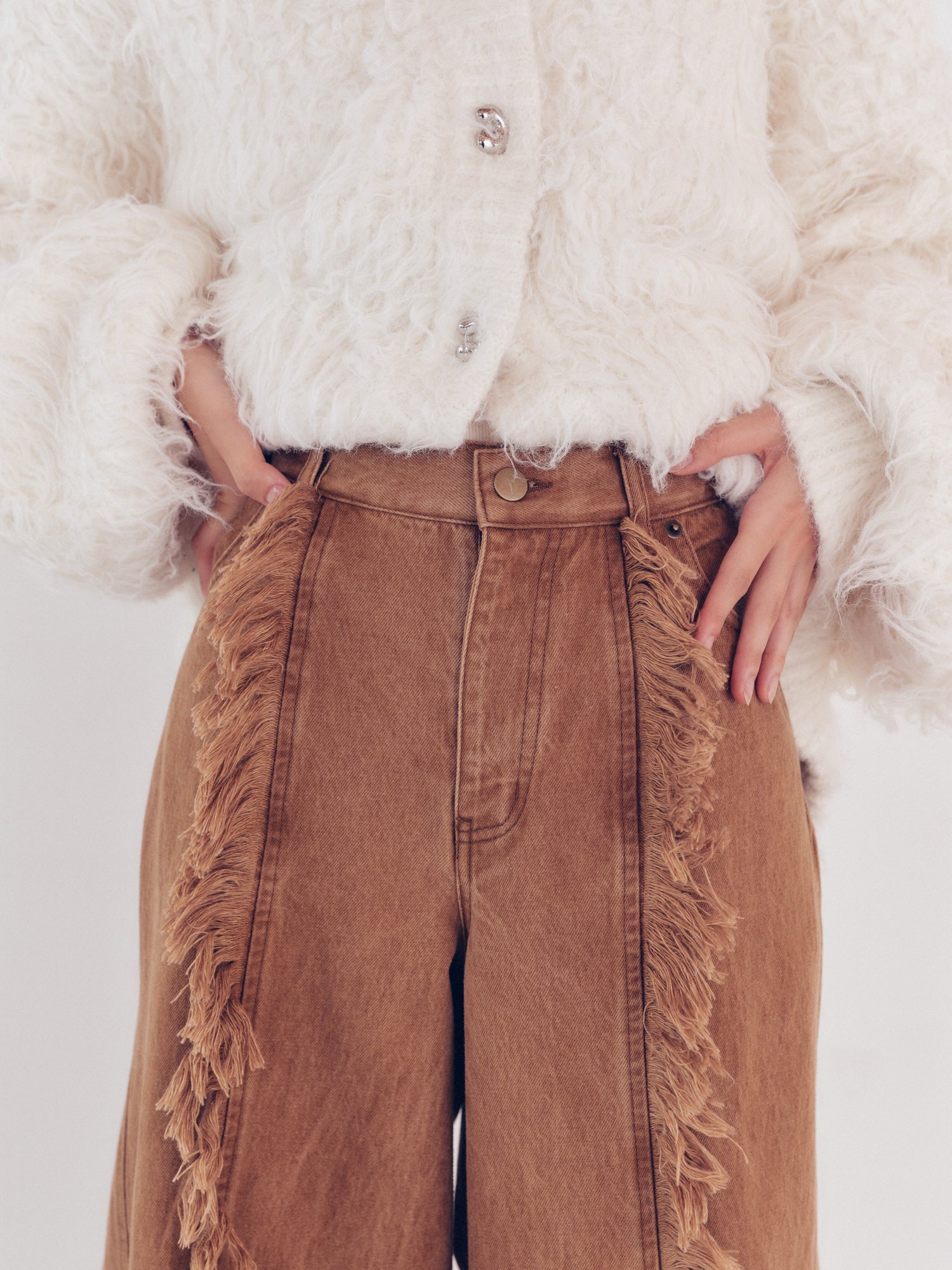 wide fringe denim pants