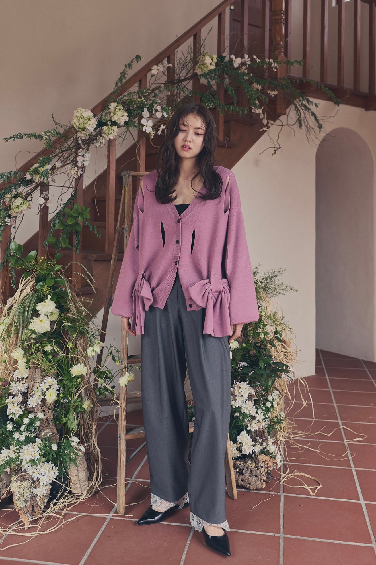 hole ribbon spring cardigan