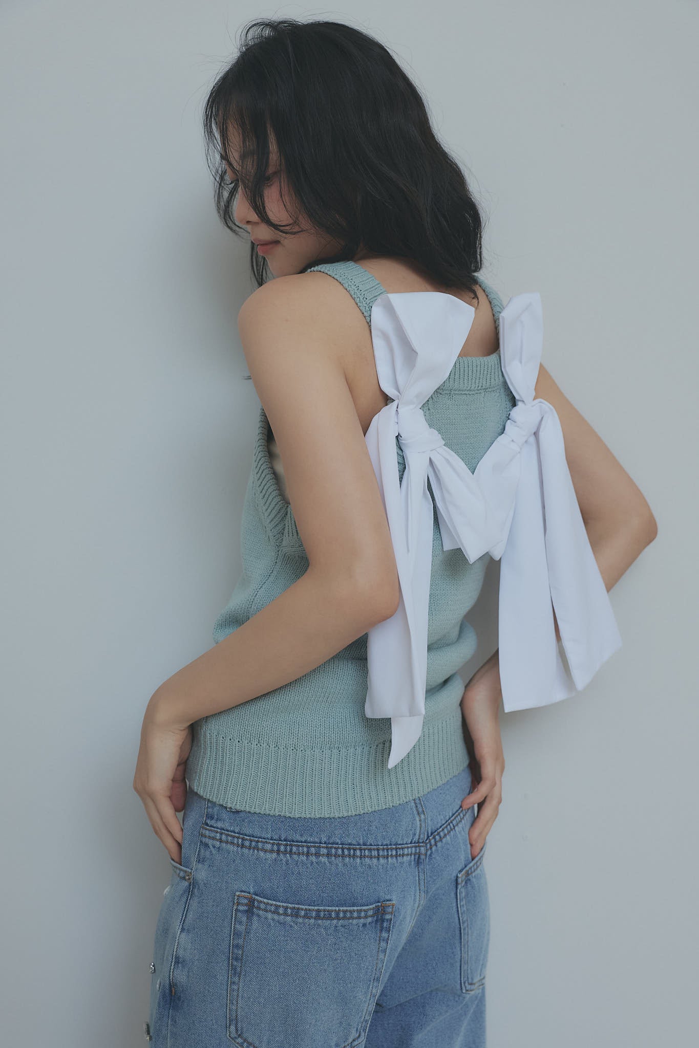 ribbon halter neck knit tops