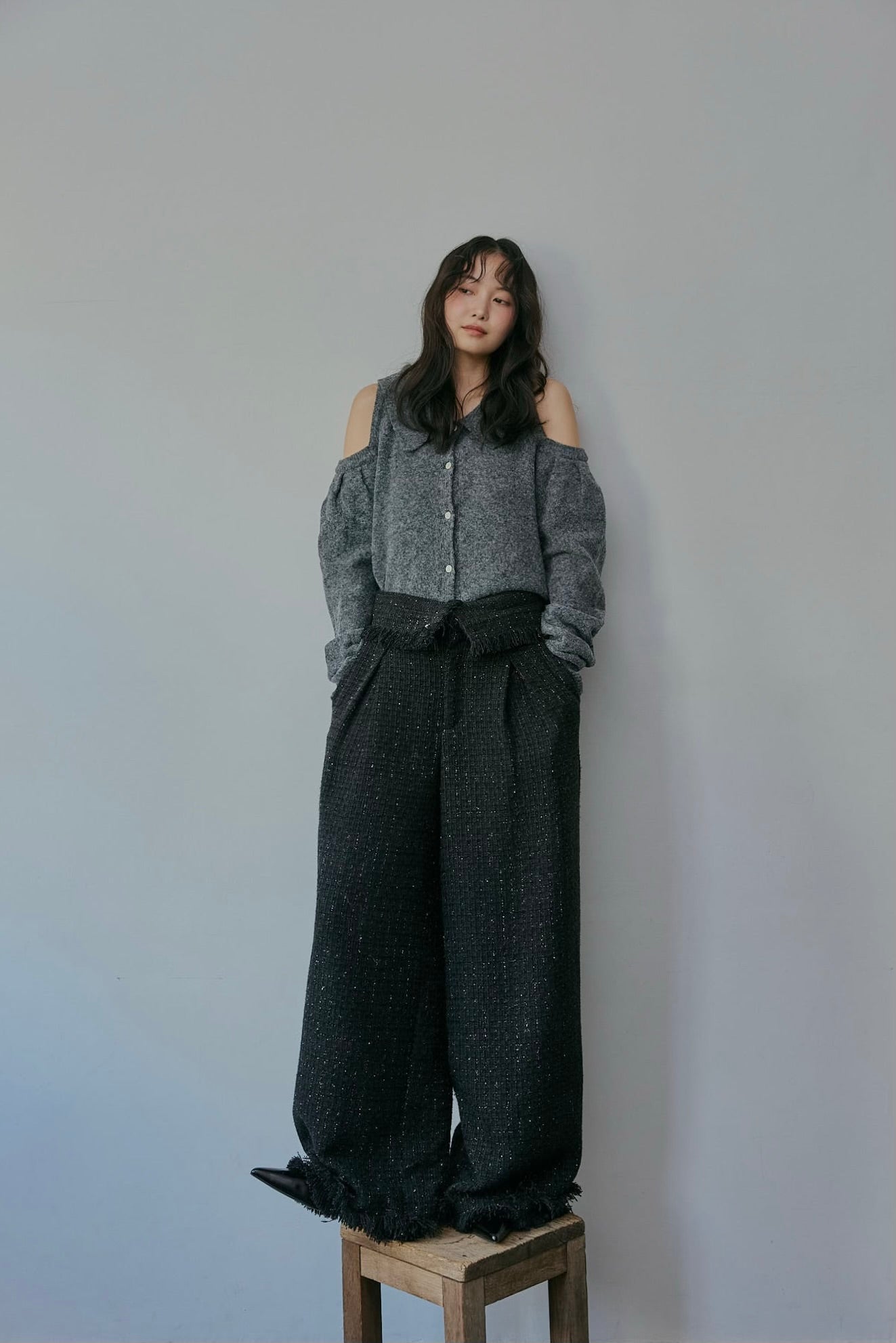 glitter tweed fringe pants