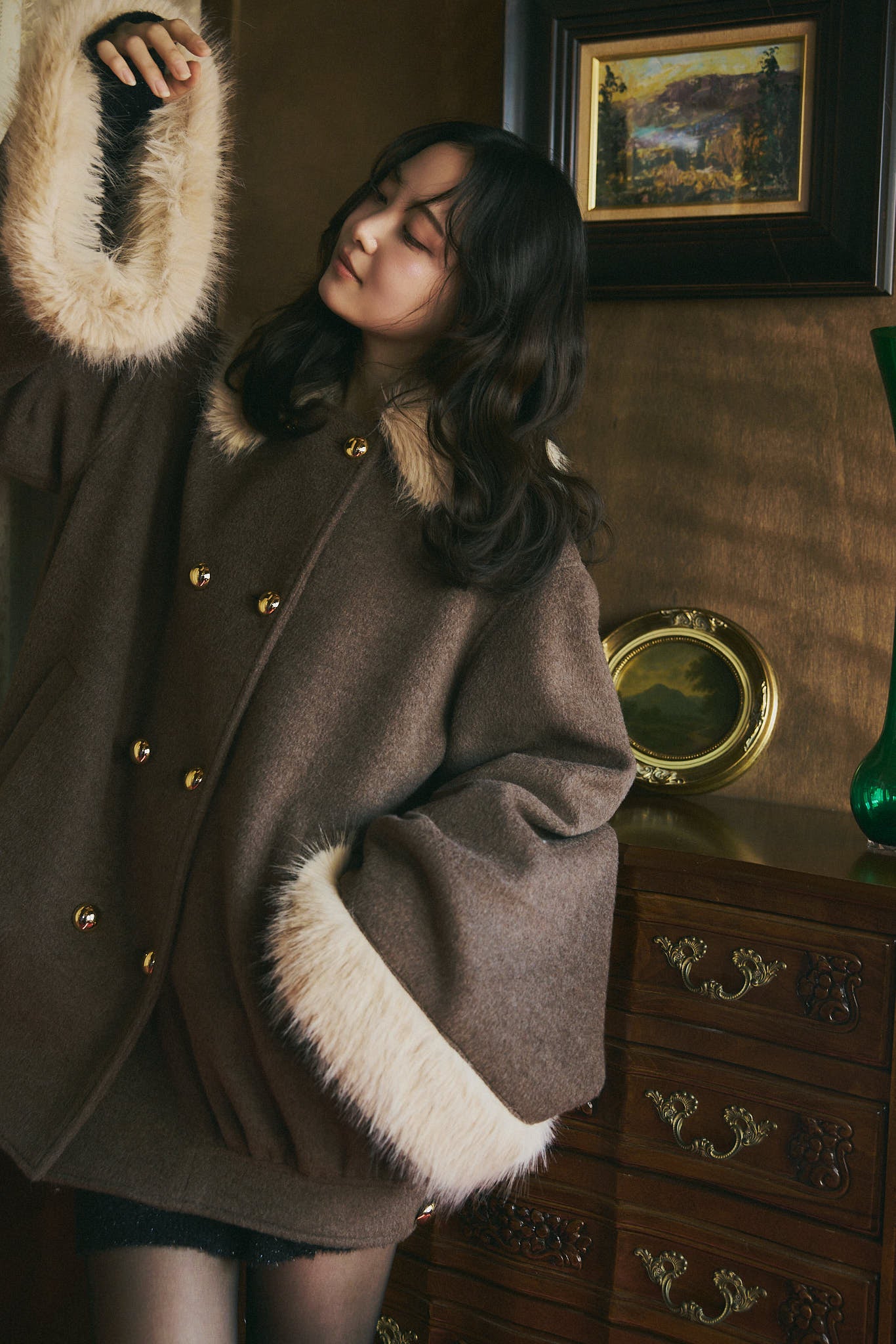 collar fur cocoon coat