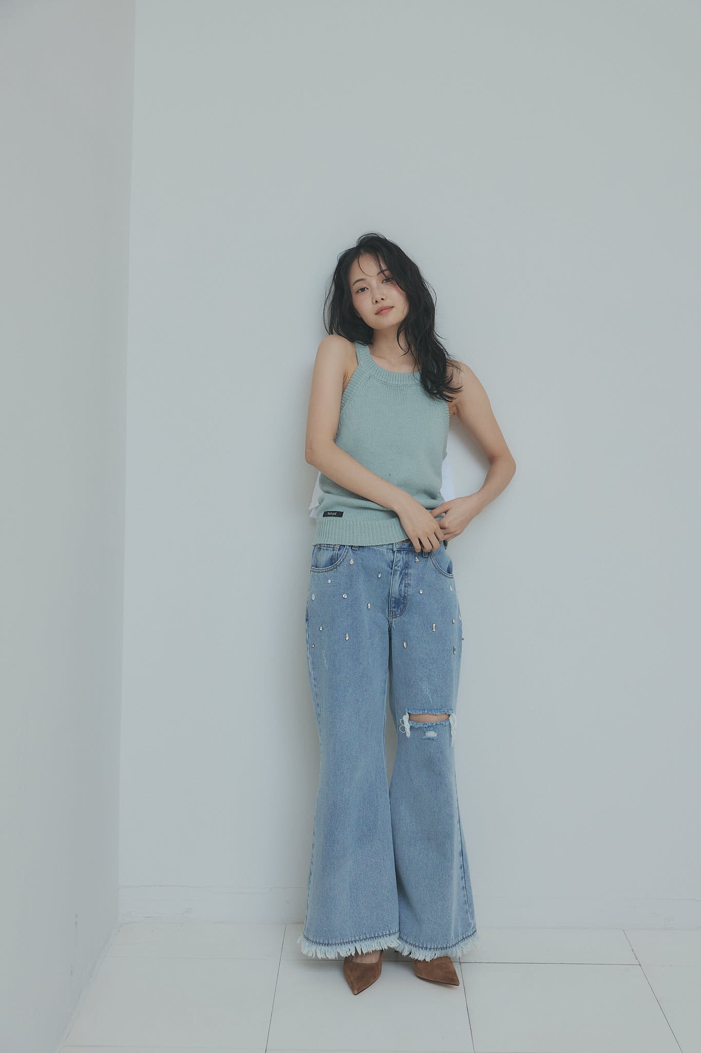 ribbon halter neck knit tops