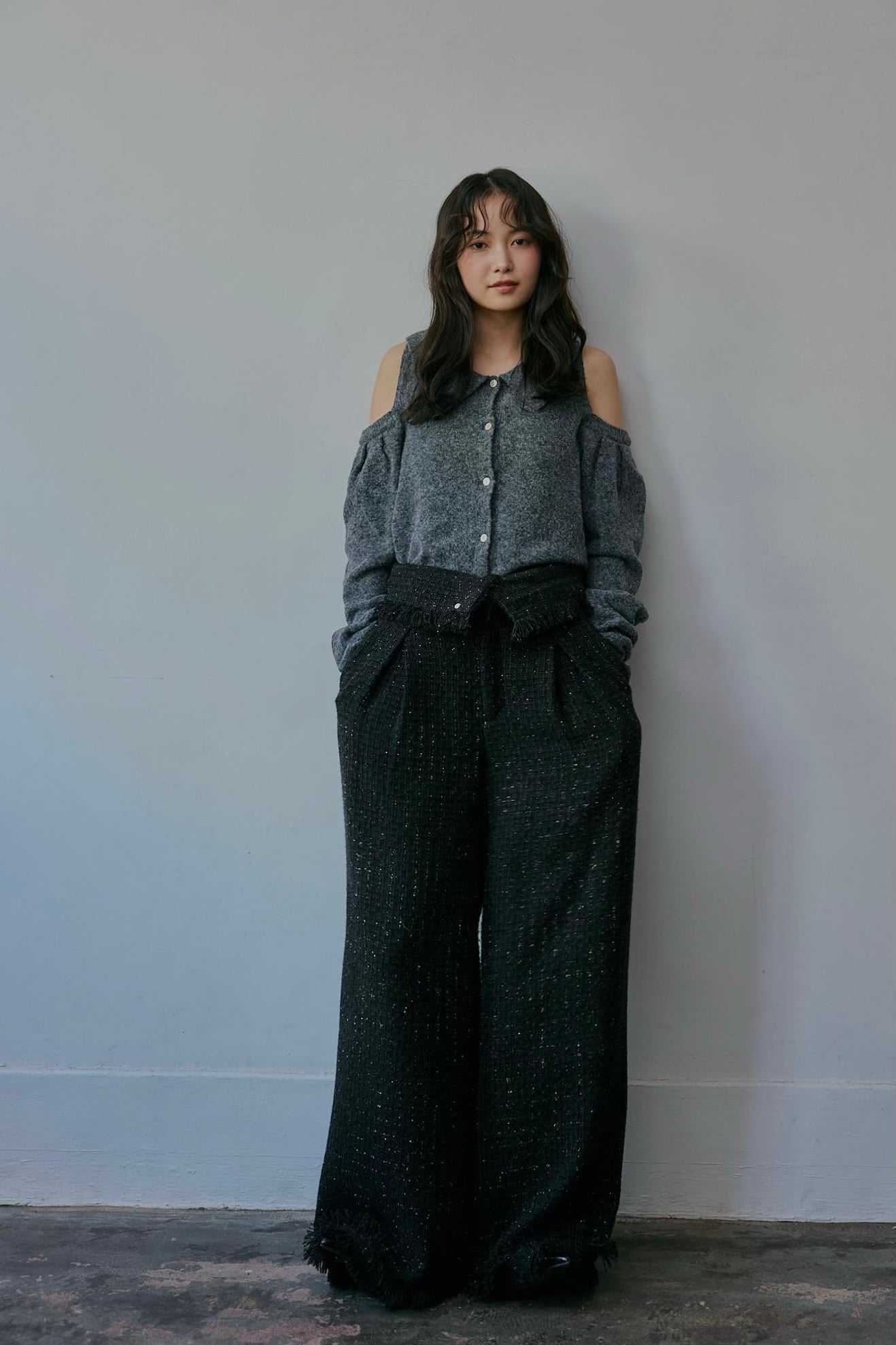 glitter tweed fringe pants