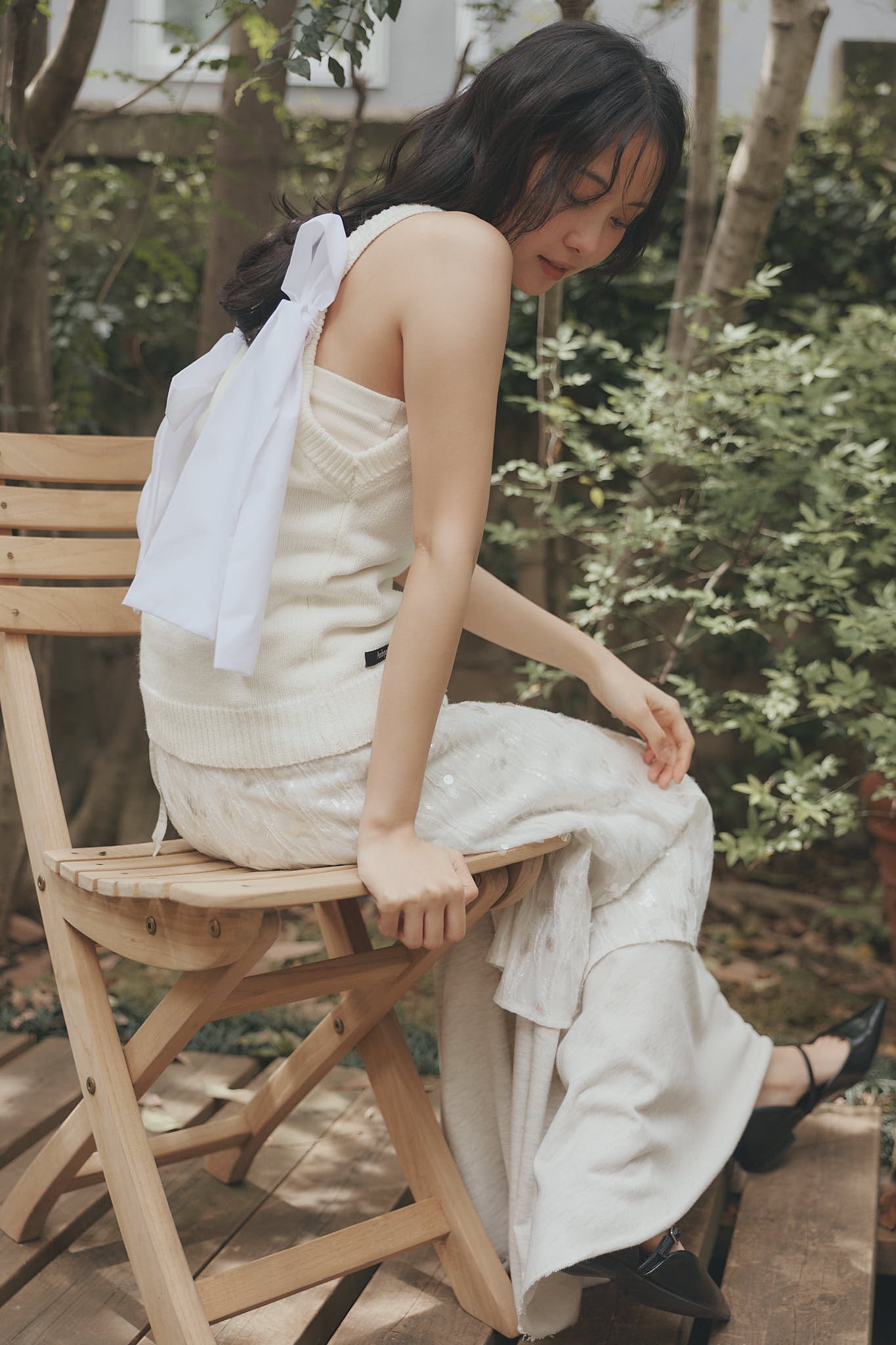 ribbon halter neck knit tops