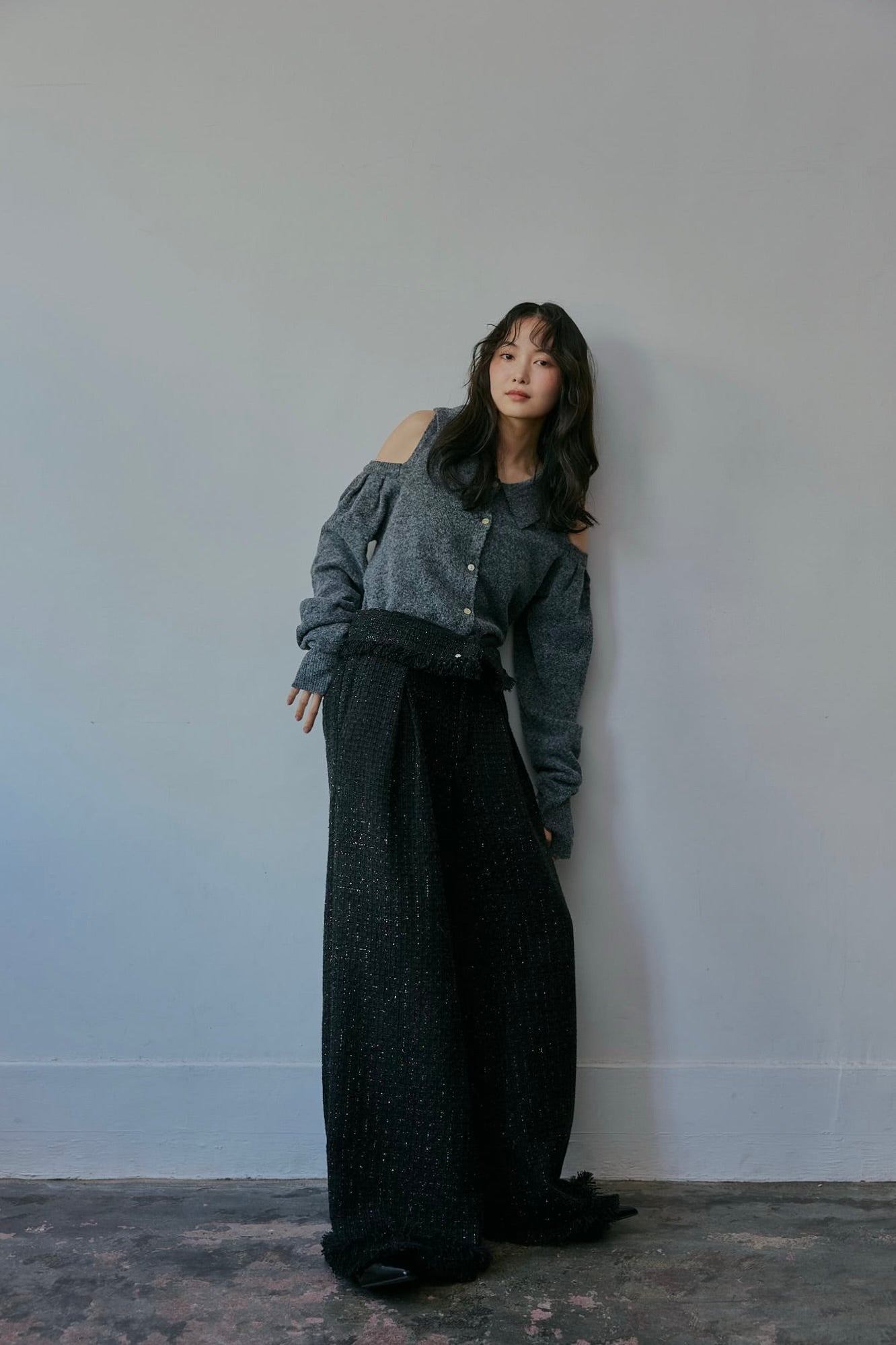 glitter tweed fringe pants