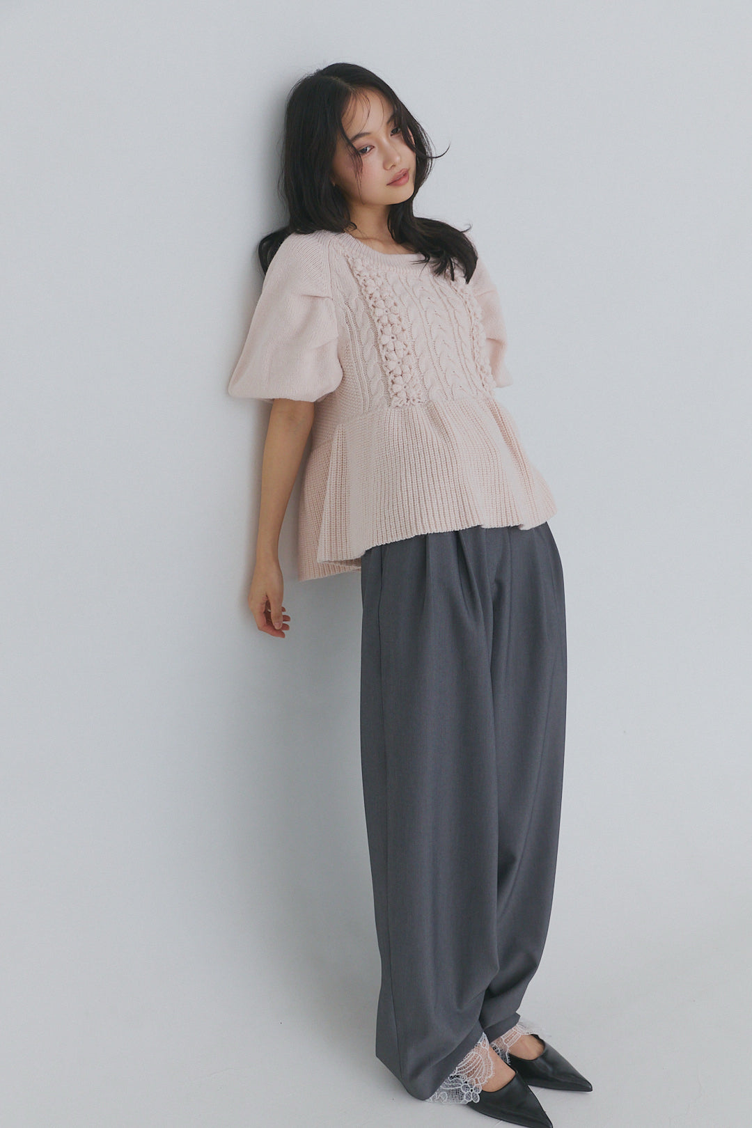 フラワーケーブルデザインニット半袖　アンドコール　andequal flower cable design knit – andequal