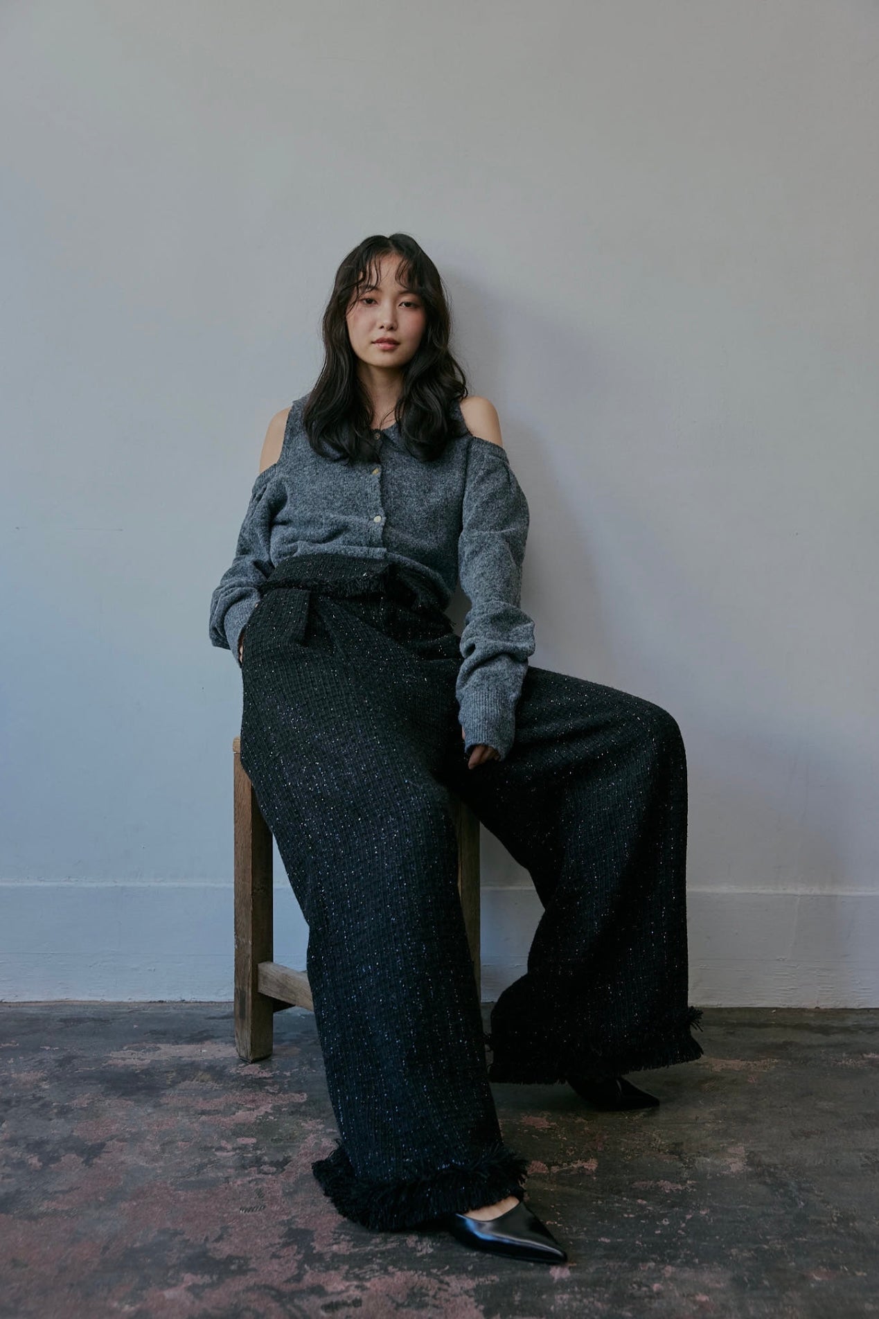 glitter tweed fringe pants