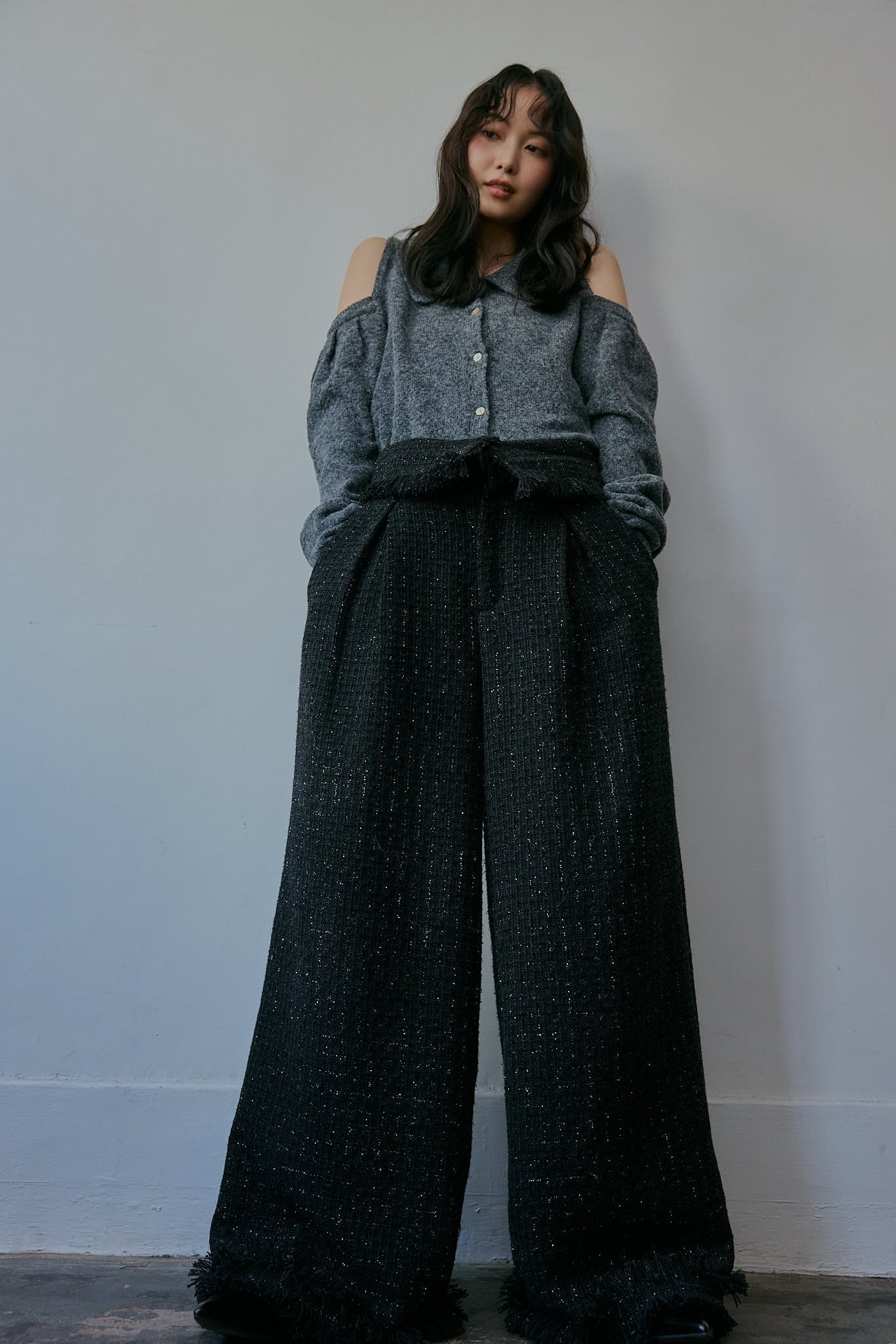 glitter tweed fringe pants