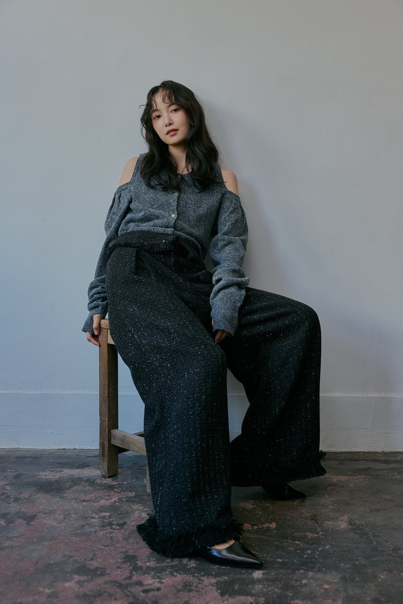 glitter tweed fringe pants