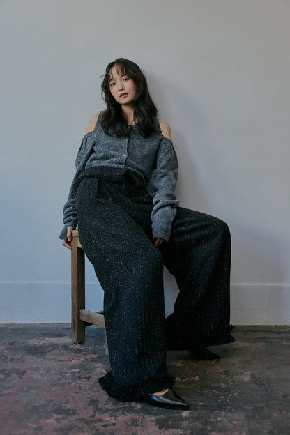 glitter tweed fringe pants