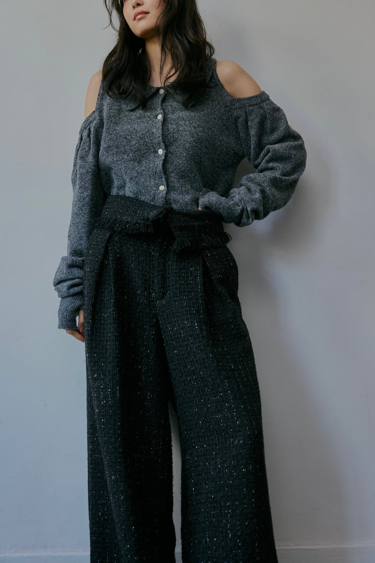 glitter tweed fringe pants