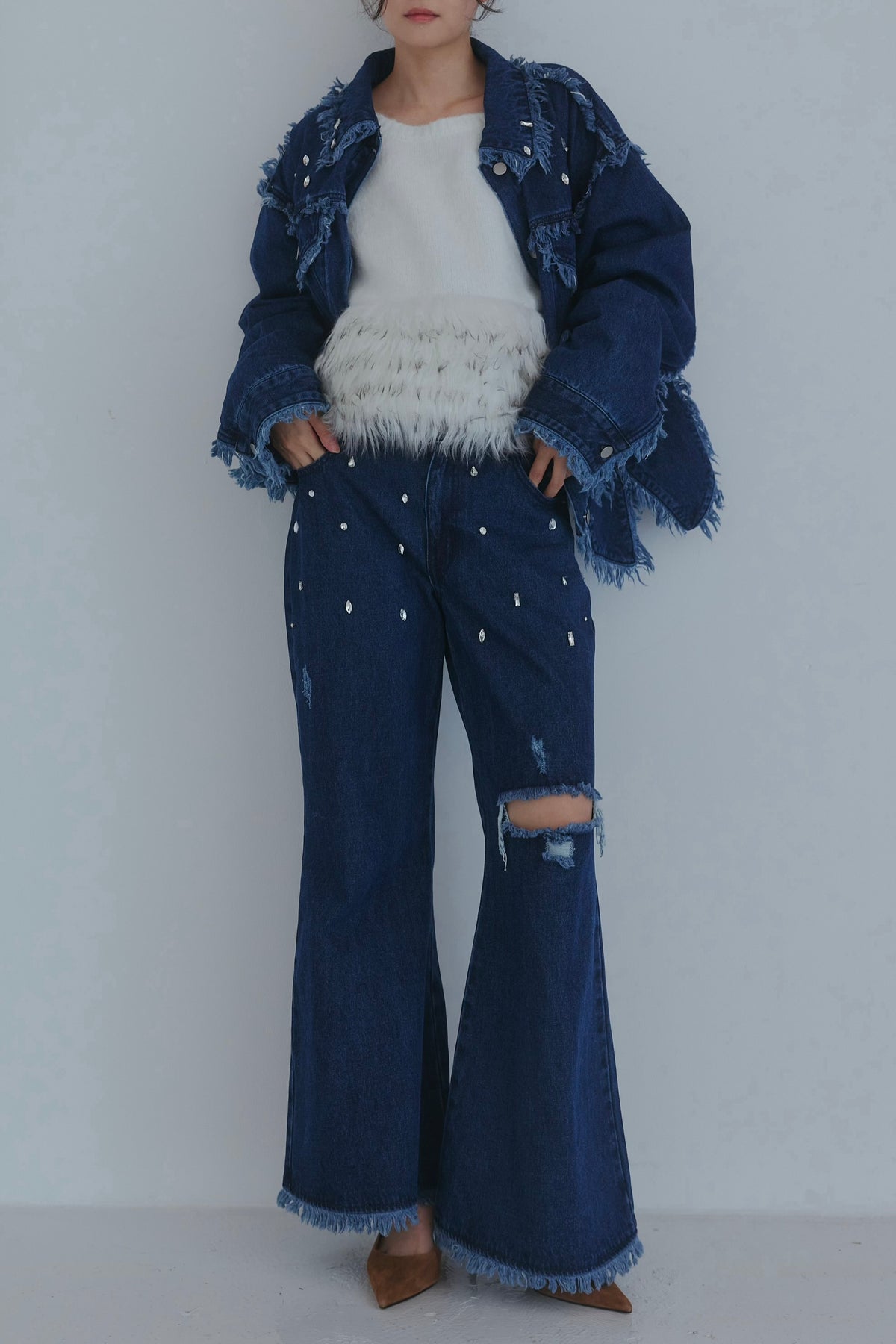 bijou fringe flare denim