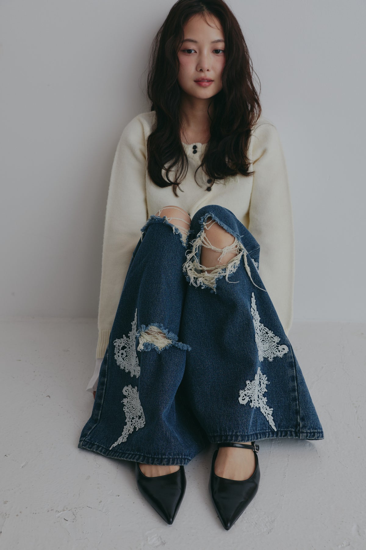 lace damaged denim