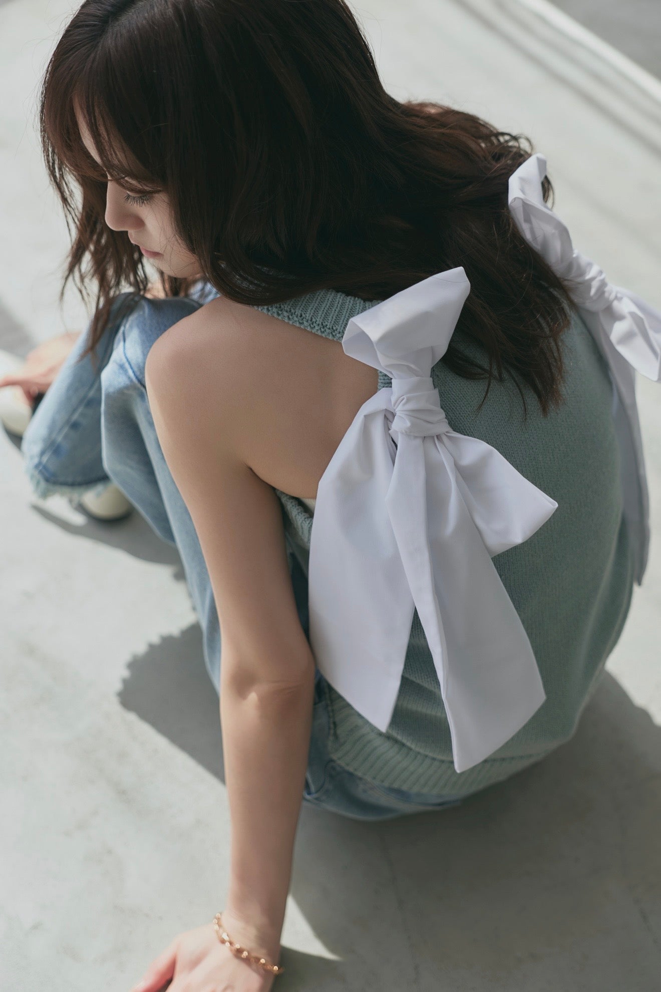 ribbon halter neck knit tops