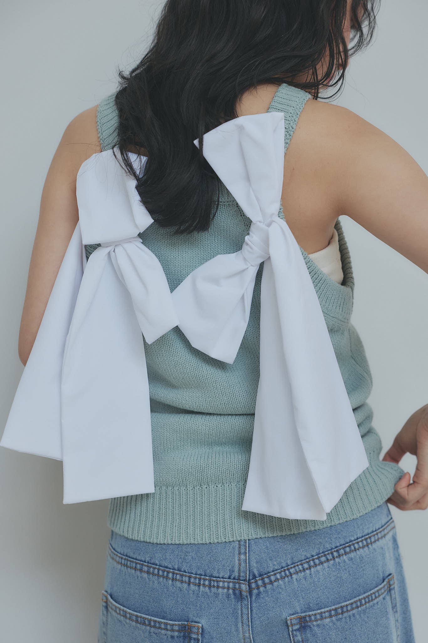 ribbon halter neck knit tops