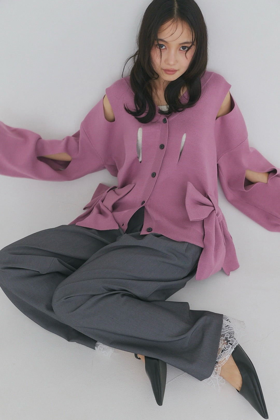 hole ribbon spring cardigan