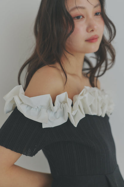 off shoulder frill knit