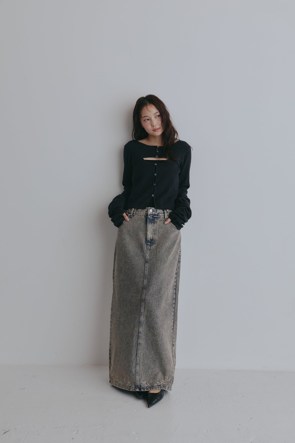 embroidered denim skirt