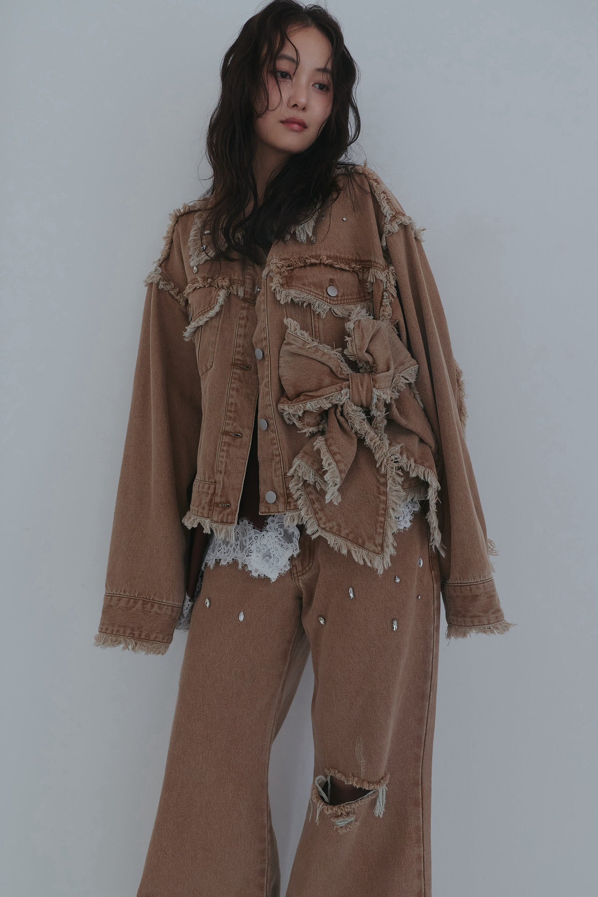 ribbon design denim jacket