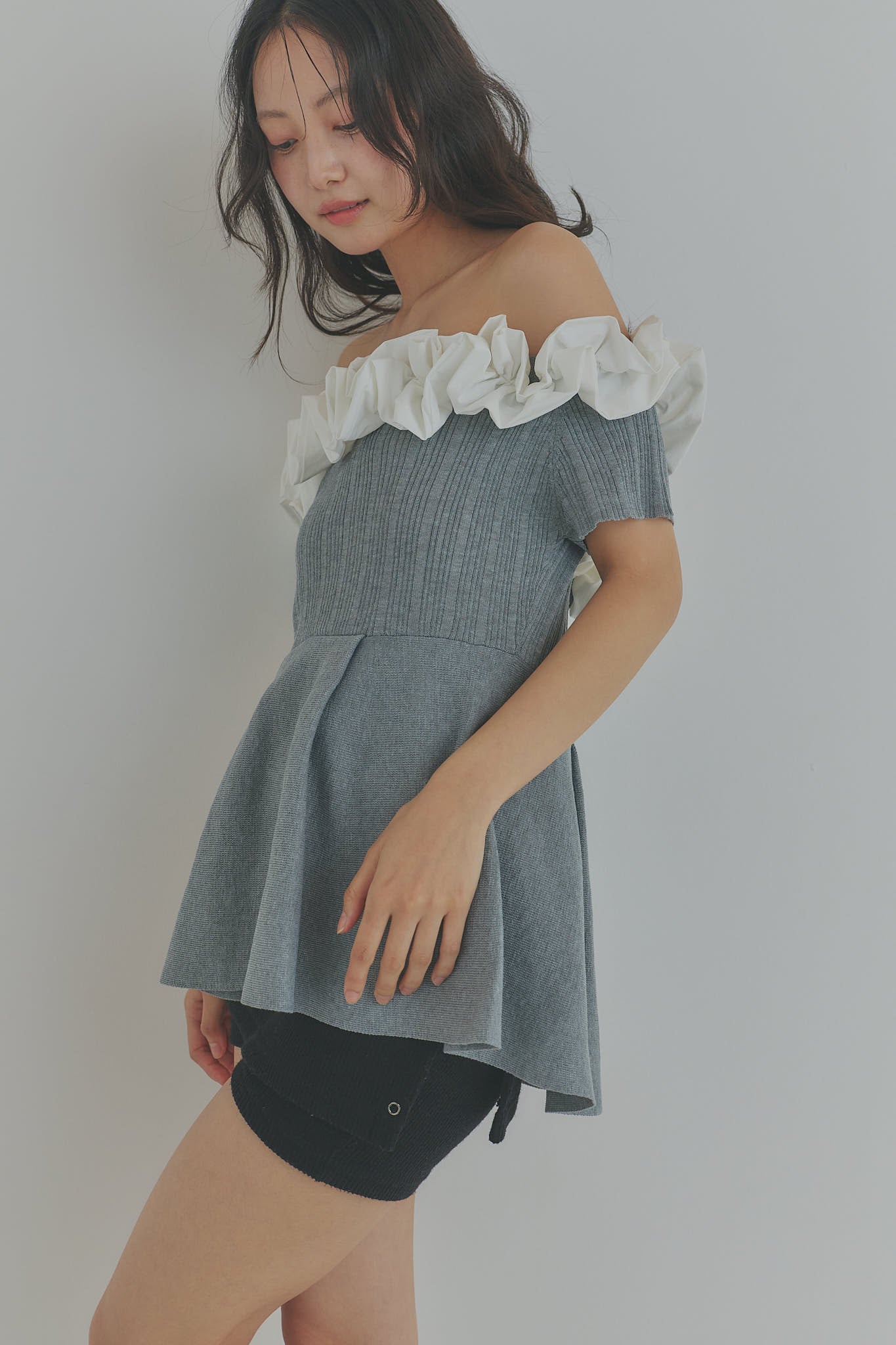 off shoulder frill knit