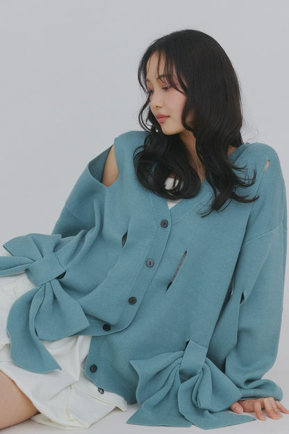 hole ribbon spring cardigan