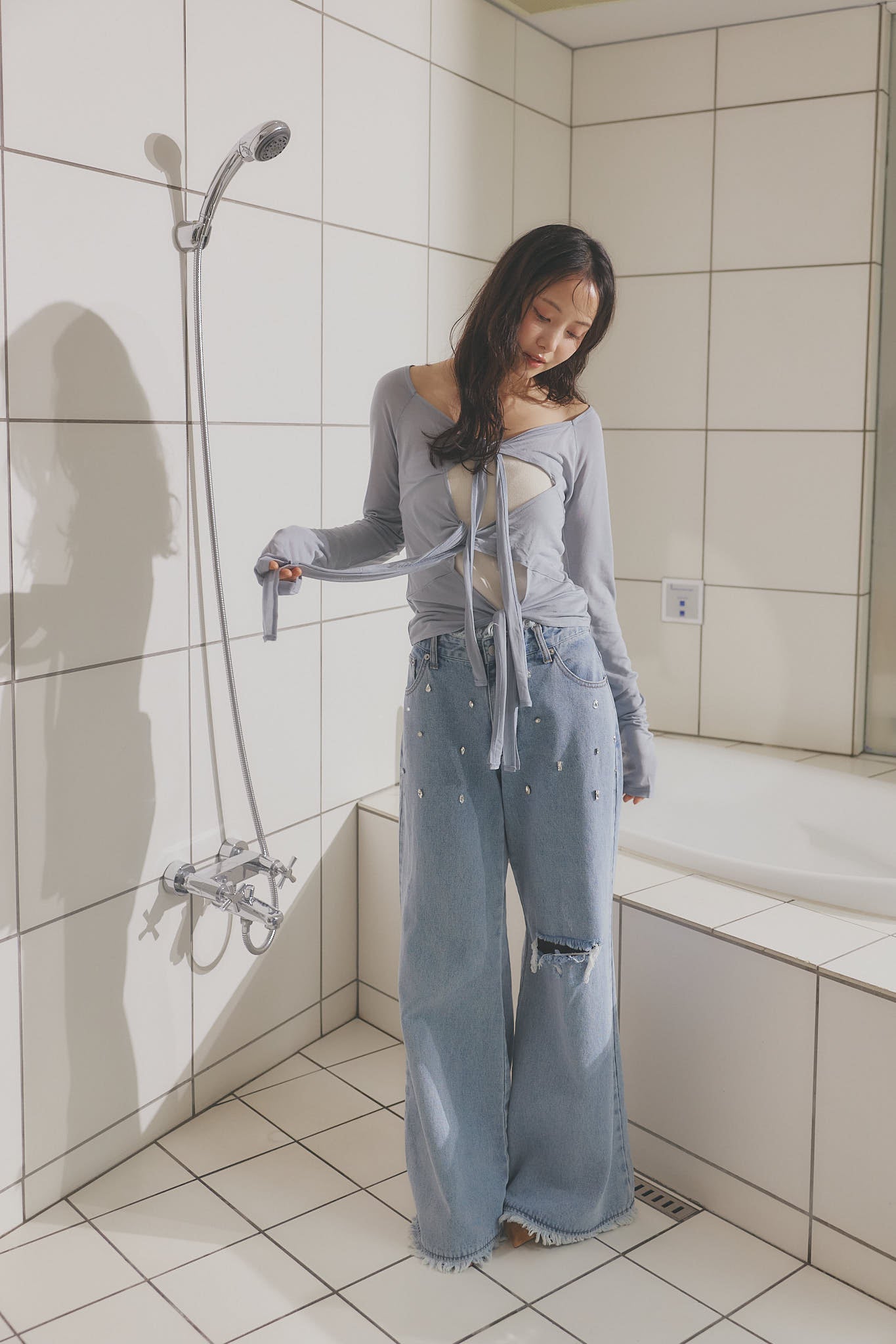 パンツ Andequal bijou fringe flare denim/BLUE S bijou fringe flare denim – andequal